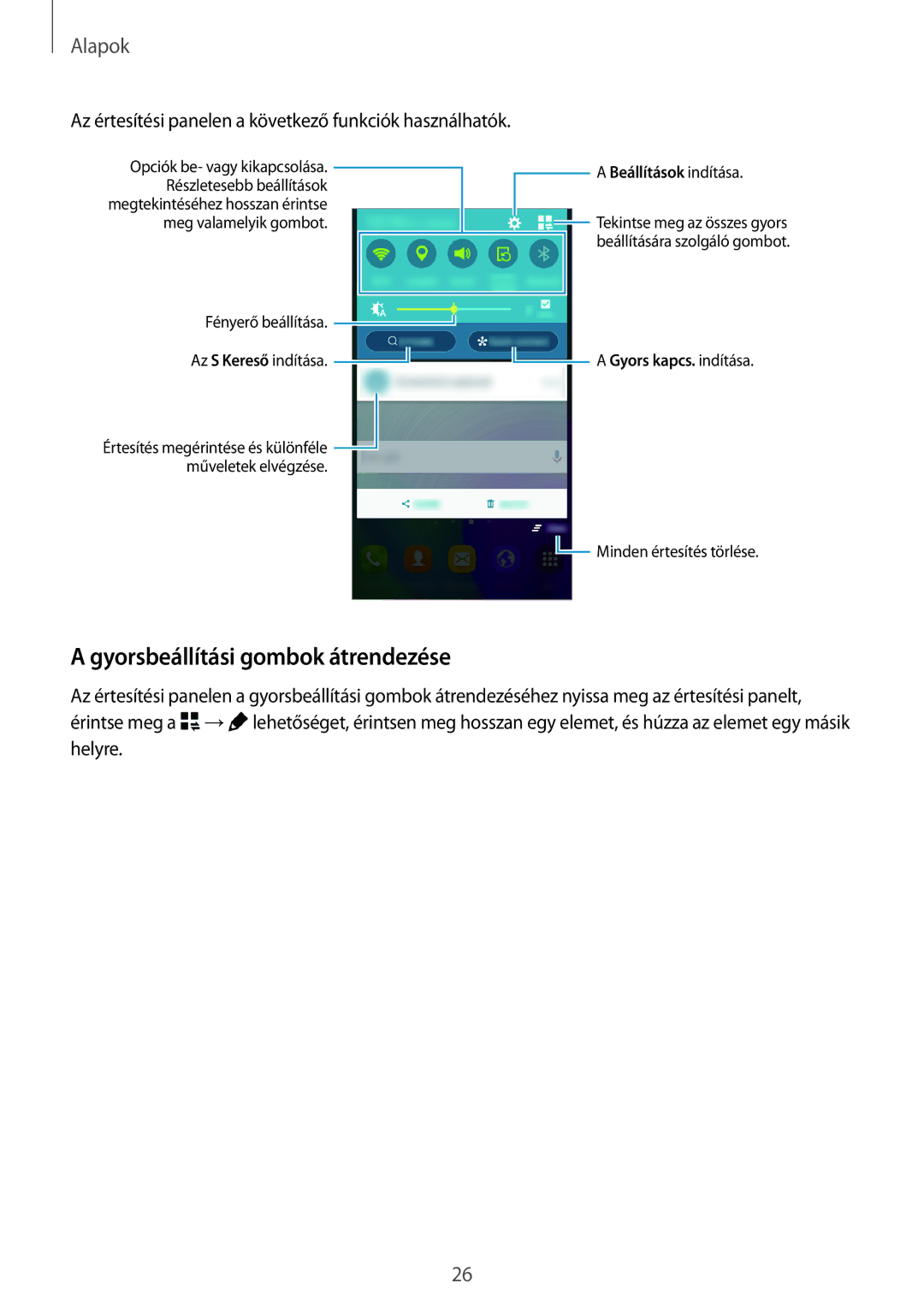 Samsung SM-A300FZKUATO manual Gyorsbeállítási gombok átrendezése, Az értesítési panelen a következő funkciók használhatók 