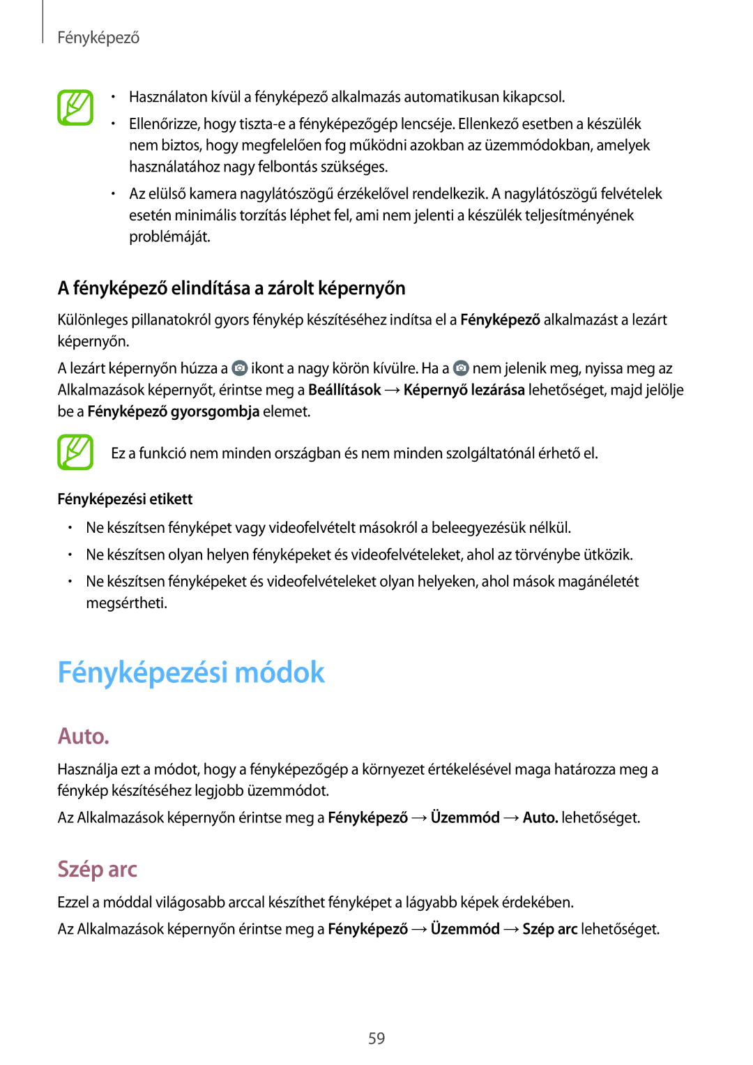 Samsung SM2A300FZDUETL, SM-A300FZDUXEO manual Fényképezési módok, Auto, Szép arc, Fényképező elindítása a zárolt képernyőn 