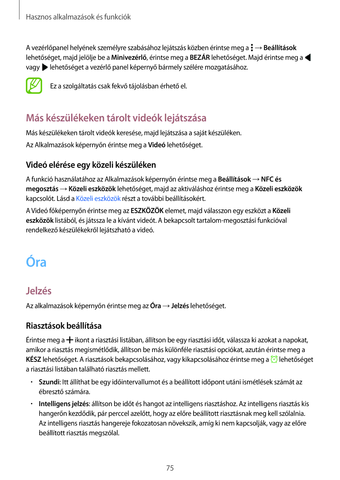 Samsung SM2A300FZSUTMS manual Óra, Más készülékeken tárolt videók lejátszása, Jelzés, Videó elérése egy közeli készüléken 