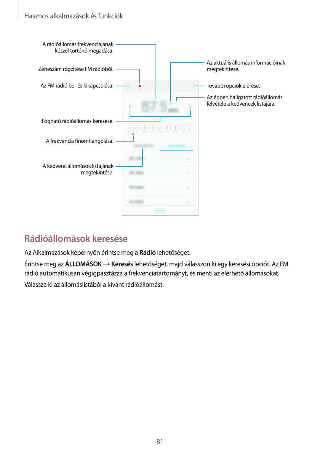 Samsung SM-A300FZWUO2C, SM-A300FZDUXEO Rádióállomások keresése, Az Alkalmazások képernyőn érintse meg a Rádió lehetőséget 