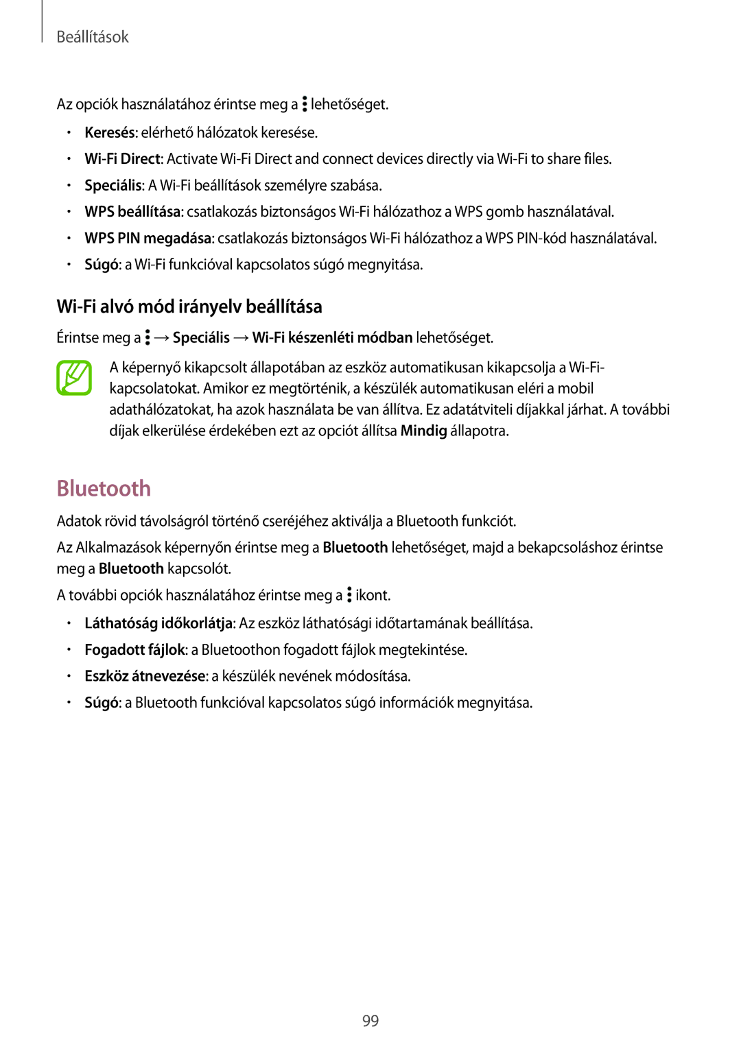 Samsung SM2A300FZWUTMZ, SM-A300FZDUXEO, SM-A300FZWUVGR, SM-A300FZWUATO manual Bluetooth, Wi-Fi alvó mód irányelv beállítása 