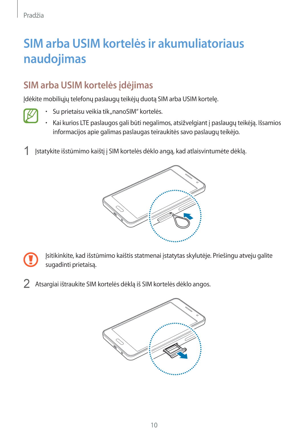 Samsung SM-A300FZWDROM manual SIM arba Usim kortelės ir akumuliatoriaus naudojimas, SIM arba Usim kortelės įdėjimas 