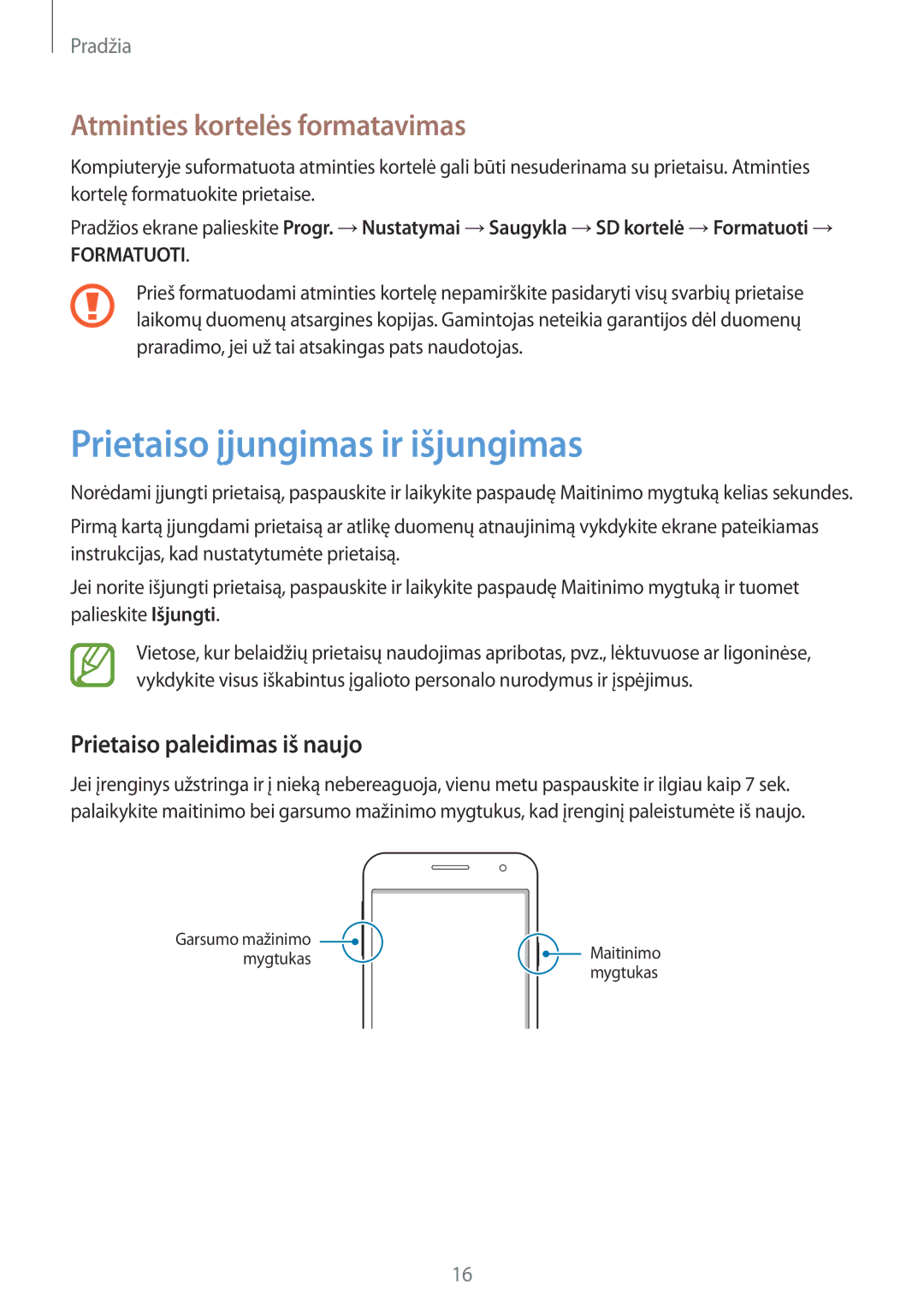 Samsung SM-A300FZWDROM Prietaiso įjungimas ir išjungimas, Atminties kortelės formatavimas, Prietaiso paleidimas iš naujo 