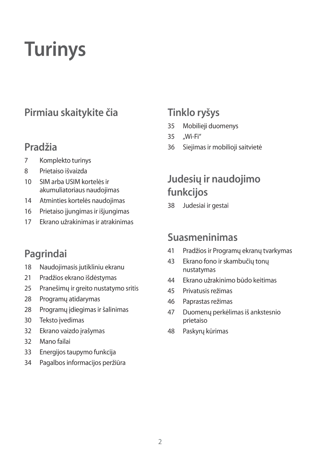 Samsung SM-A300FZDUSEB, SM-A300FZKDROM, SM-A300FZWDROM manual Turinys, Pirmiau skaitykite čia Pradžia 