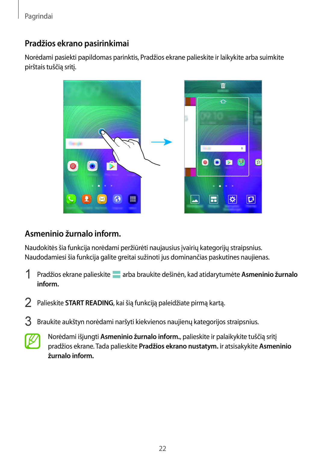 Samsung SM-A300FZWDROM, SM-A300FZKDROM, SM-A300FZDUSEB manual Pradžios ekrano pasirinkimai, Asmeninio žurnalo inform, Inform 