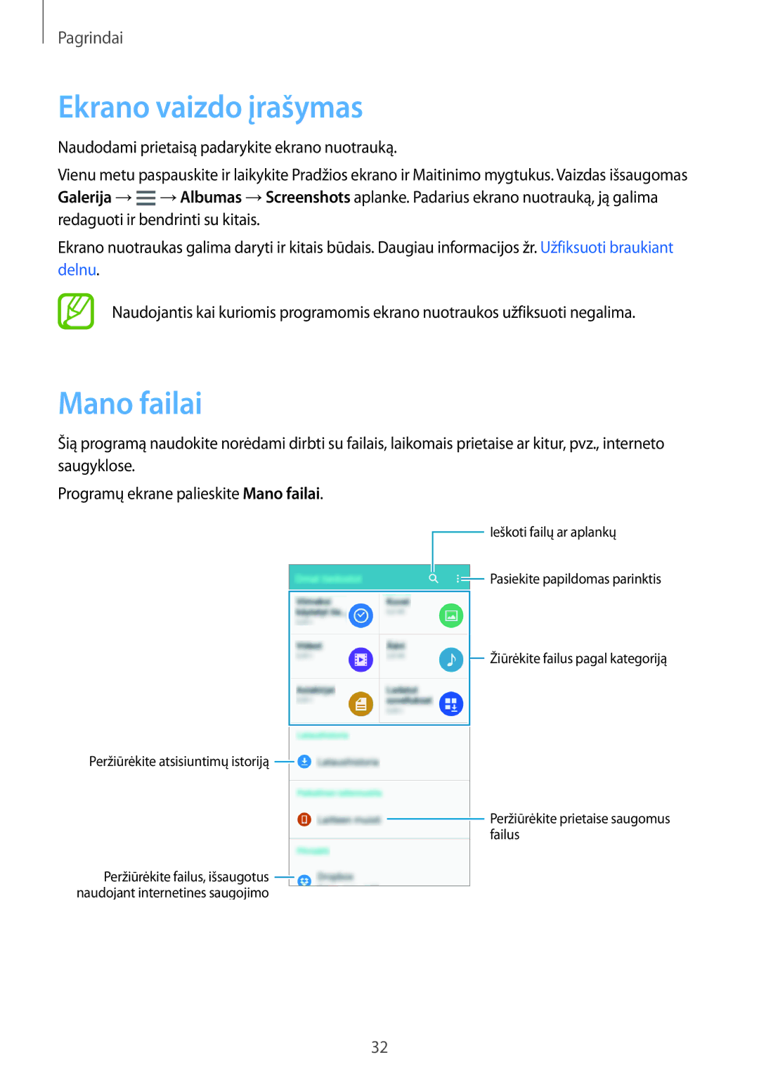 Samsung SM-A300FZDUSEB, SM-A300FZKDROM, SM-A300FZWDROM manual Ekrano vaizdo įrašymas, Mano failai 