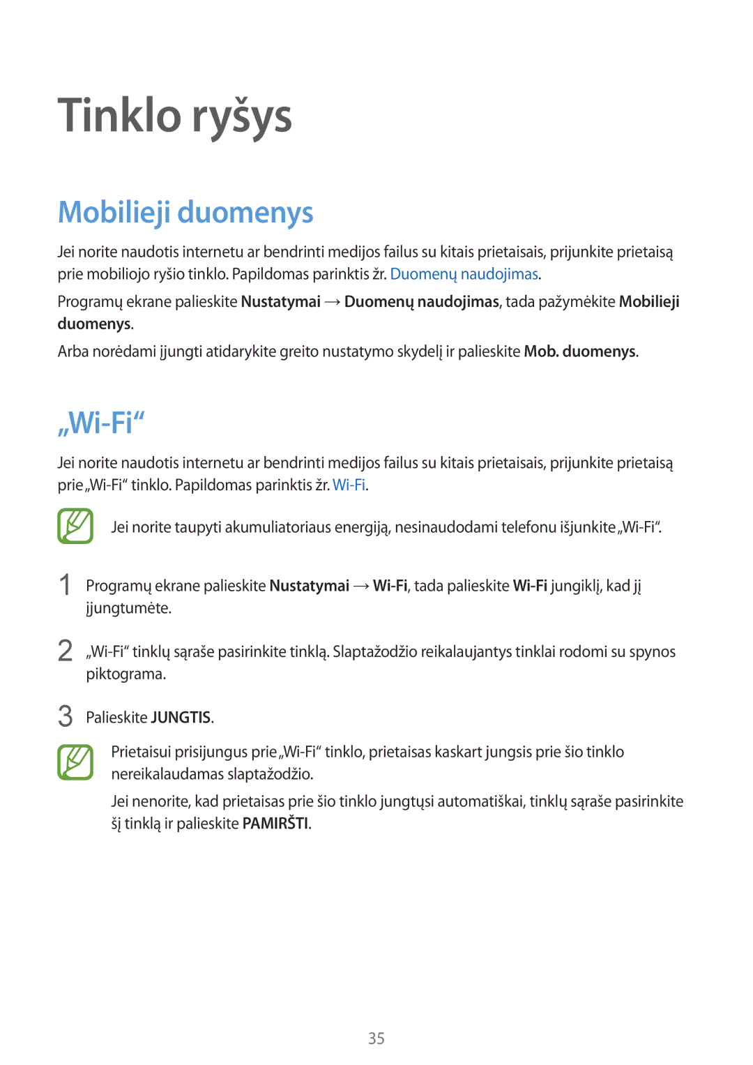 Samsung SM-A300FZDUSEB, SM-A300FZKDROM, SM-A300FZWDROM manual Tinklo ryšys, Mobilieji duomenys, „Wi-Fi 