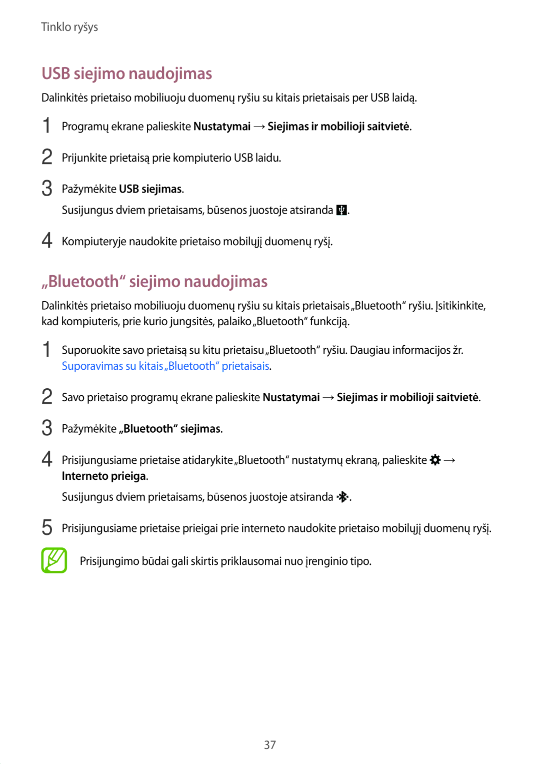 Samsung SM-A300FZWDROM manual USB siejimo naudojimas, „Bluetooth siejimo naudojimas, Pažymėkite „Bluetooth siejimas 