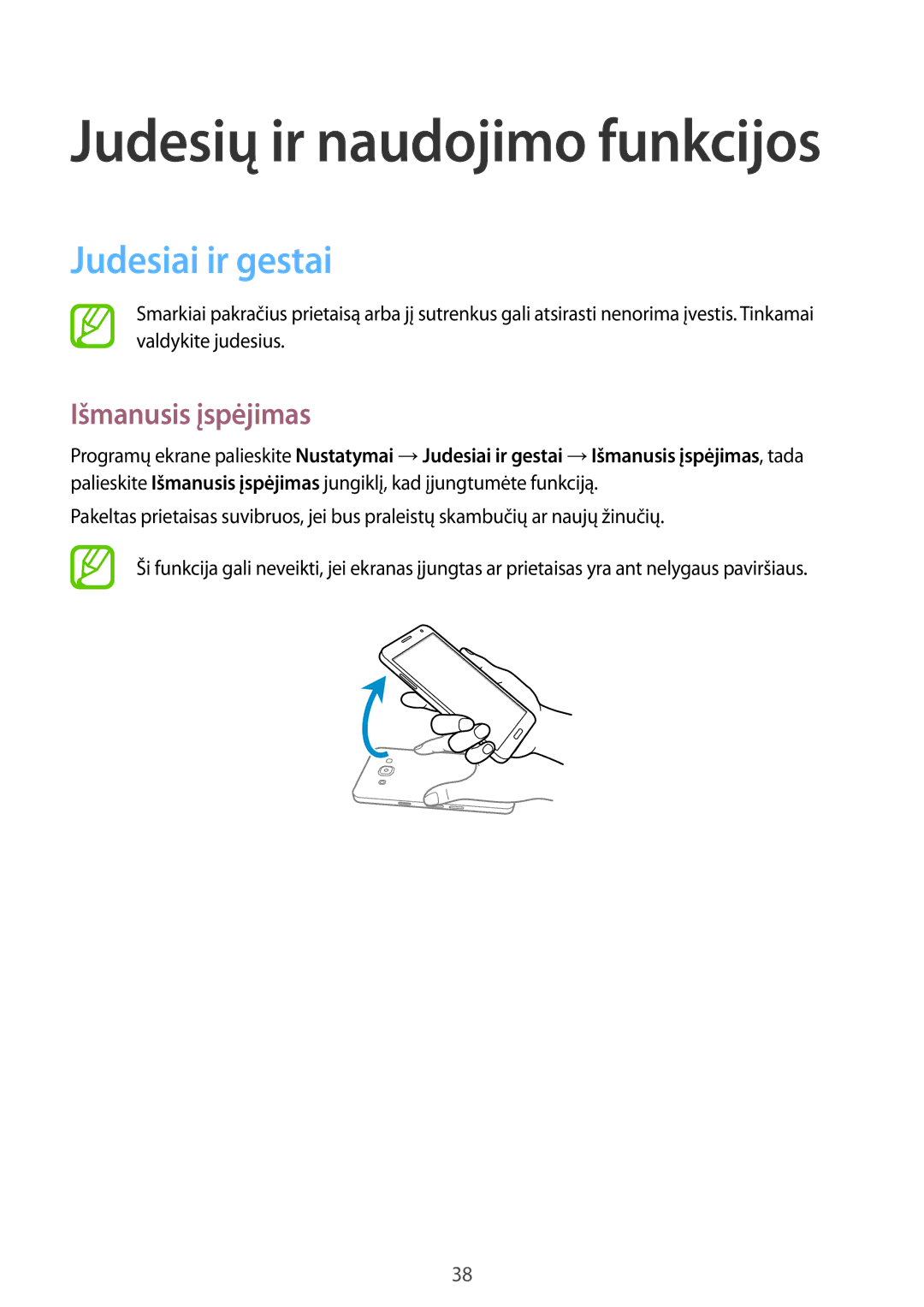 Samsung SM-A300FZDUSEB, SM-A300FZKDROM, SM-A300FZWDROM manual Judesiai ir gestai, Išmanusis įspėjimas 