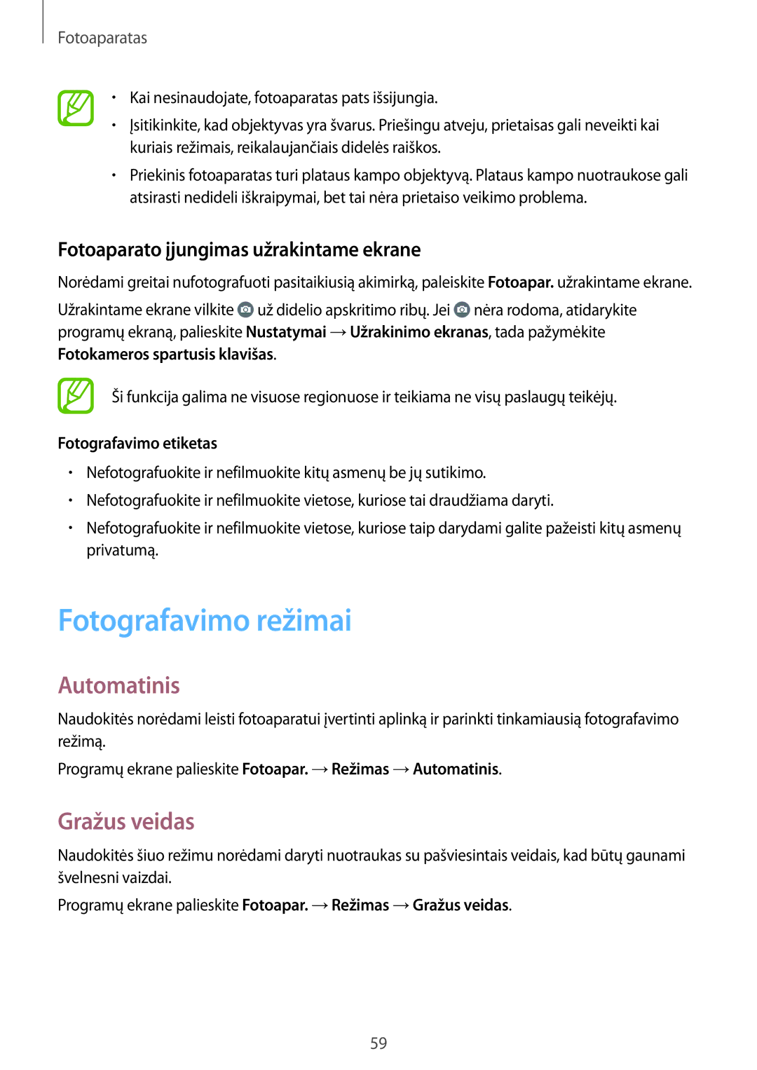 Samsung SM-A300FZDUSEB manual Fotografavimo režimai, Automatinis, Gražus veidas, Fotoaparato įjungimas užrakintame ekrane 