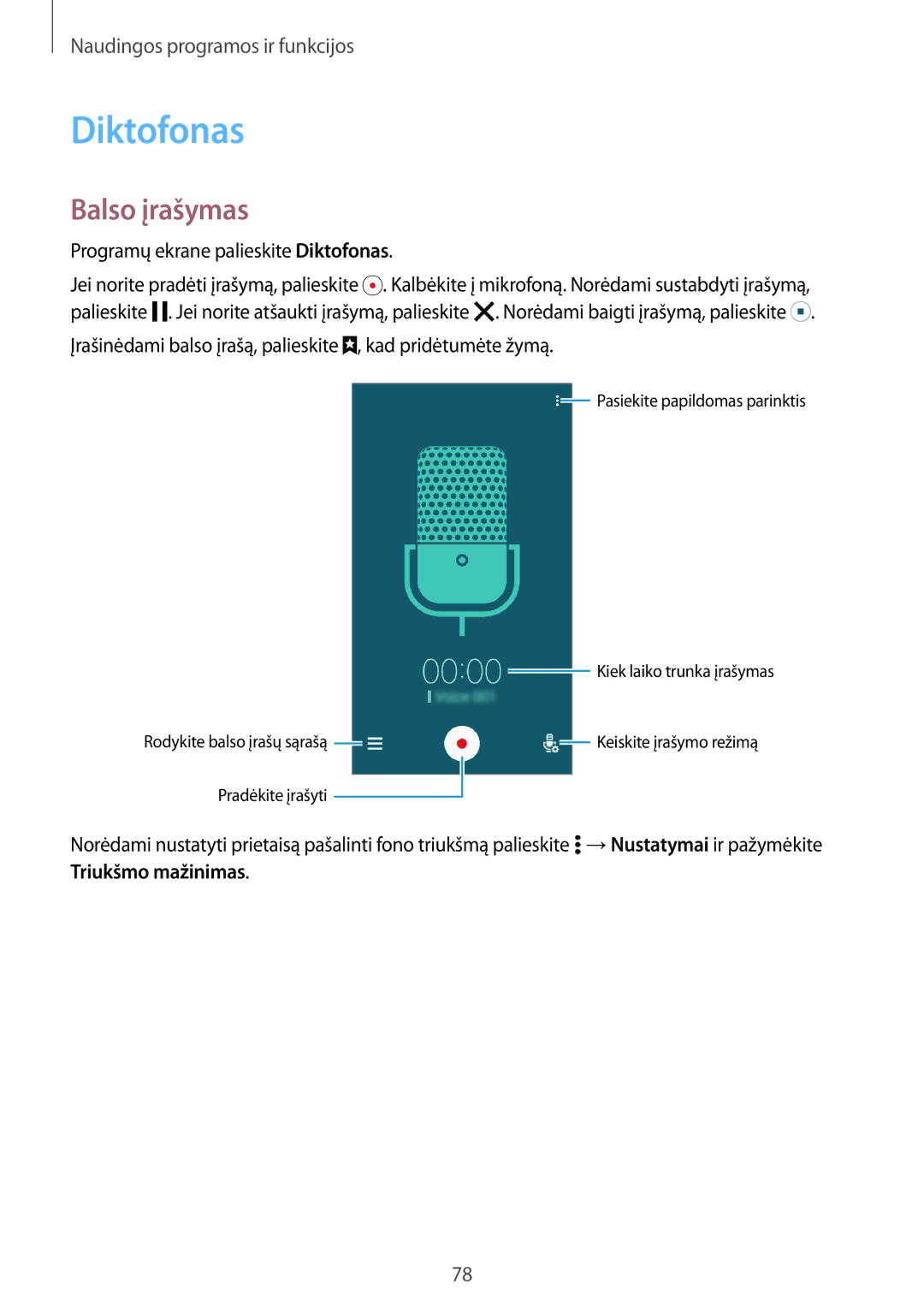 Samsung SM-A300FZKDROM, SM-A300FZWDROM, SM-A300FZDUSEB manual Diktofonas, Balso įrašymas 