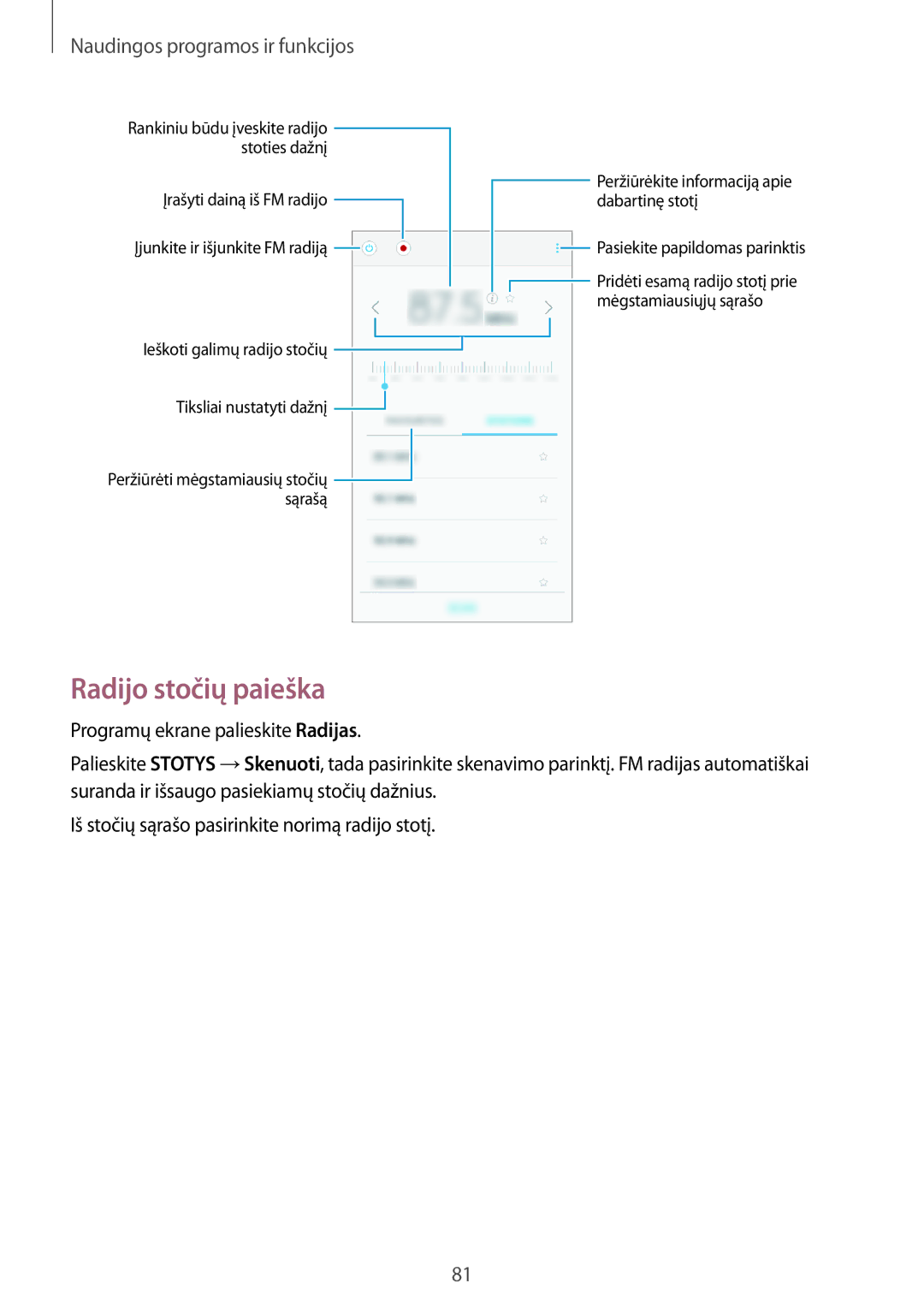 Samsung SM-A300FZKDROM, SM-A300FZWDROM, SM-A300FZDUSEB manual Radijo stočių paieška 