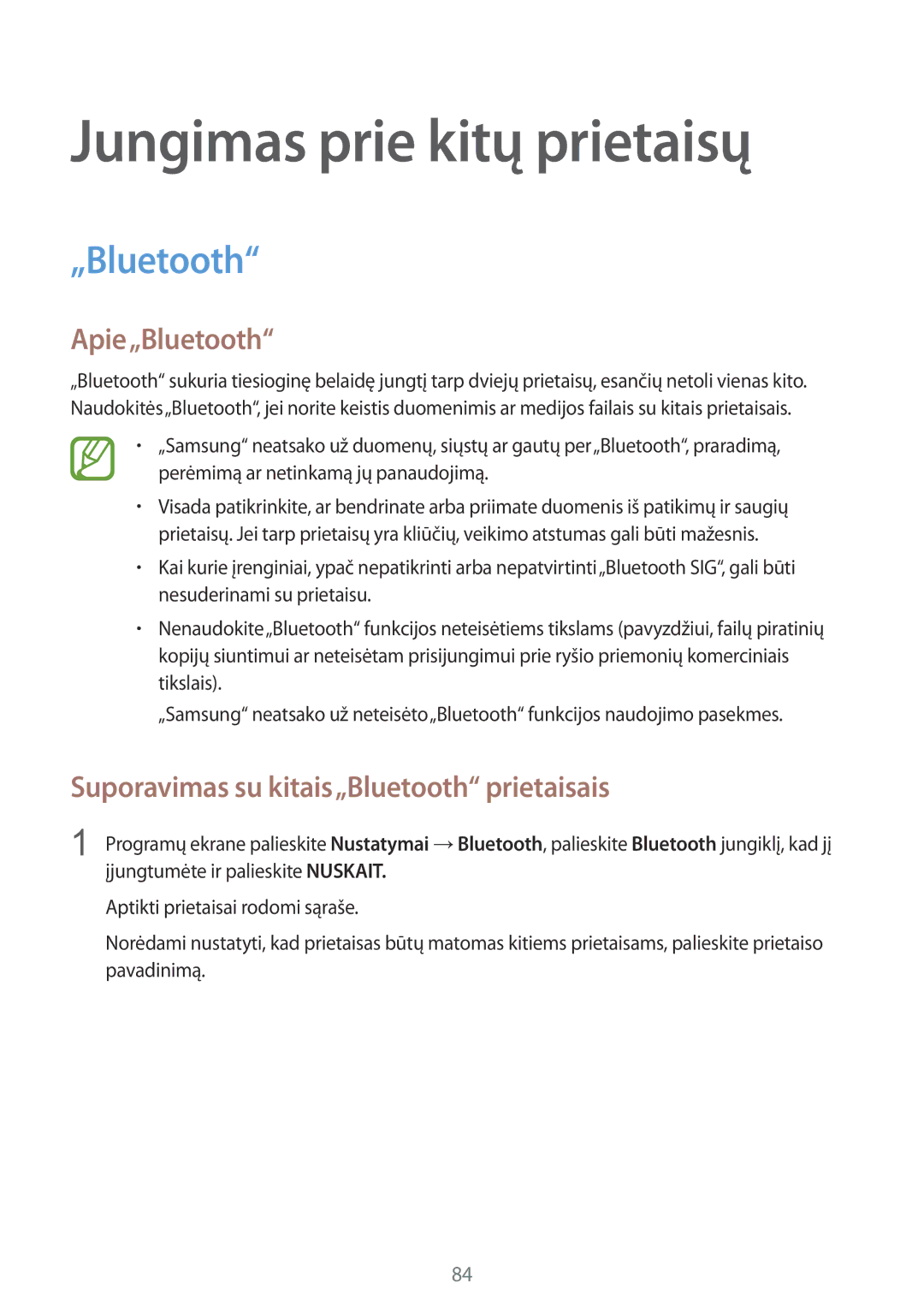 Samsung SM-A300FZKDROM manual Jungimas prie kitų prietaisų, Apie„Bluetooth, Suporavimas su kitais„Bluetooth prietaisais 