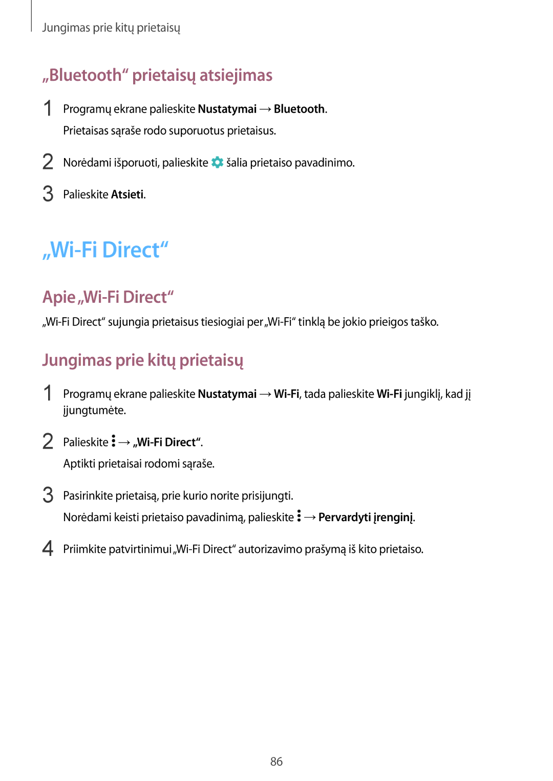 Samsung SM-A300FZDUSEB manual „Bluetooth prietaisų atsiejimas, Apie„Wi-Fi Direct, Jungimas prie kitų prietaisų 