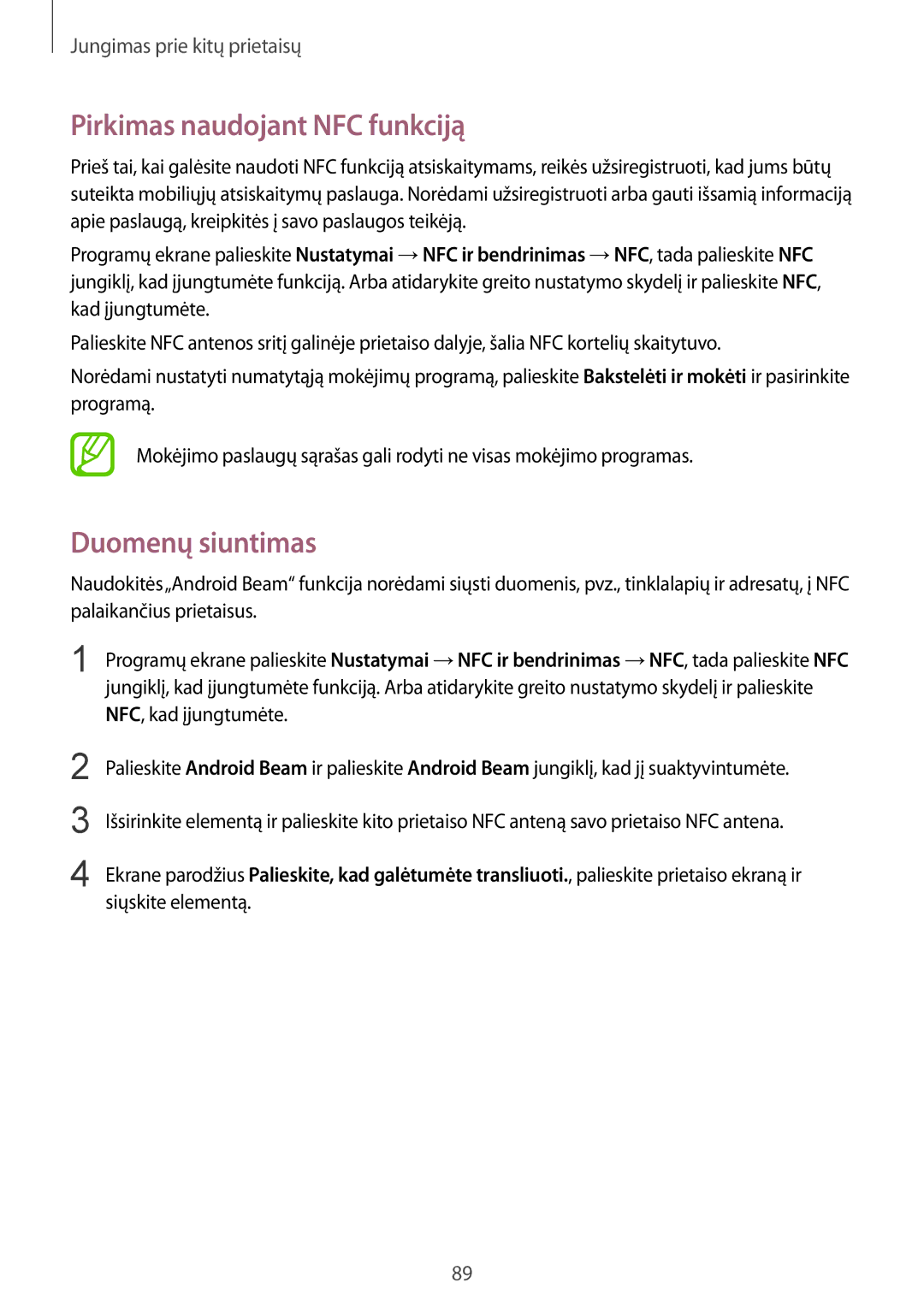 Samsung SM-A300FZDUSEB, SM-A300FZKDROM, SM-A300FZWDROM manual Pirkimas naudojant NFC funkciją, Duomenų siuntimas 