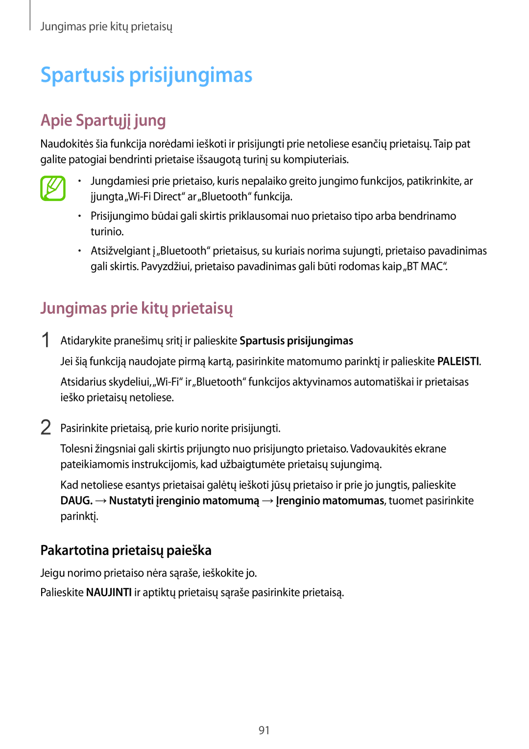 Samsung SM-A300FZWDROM, SM-A300FZKDROM manual Spartusis prisijungimas, Apie Spartųjį jung, Pakartotina prietaisų paieška 