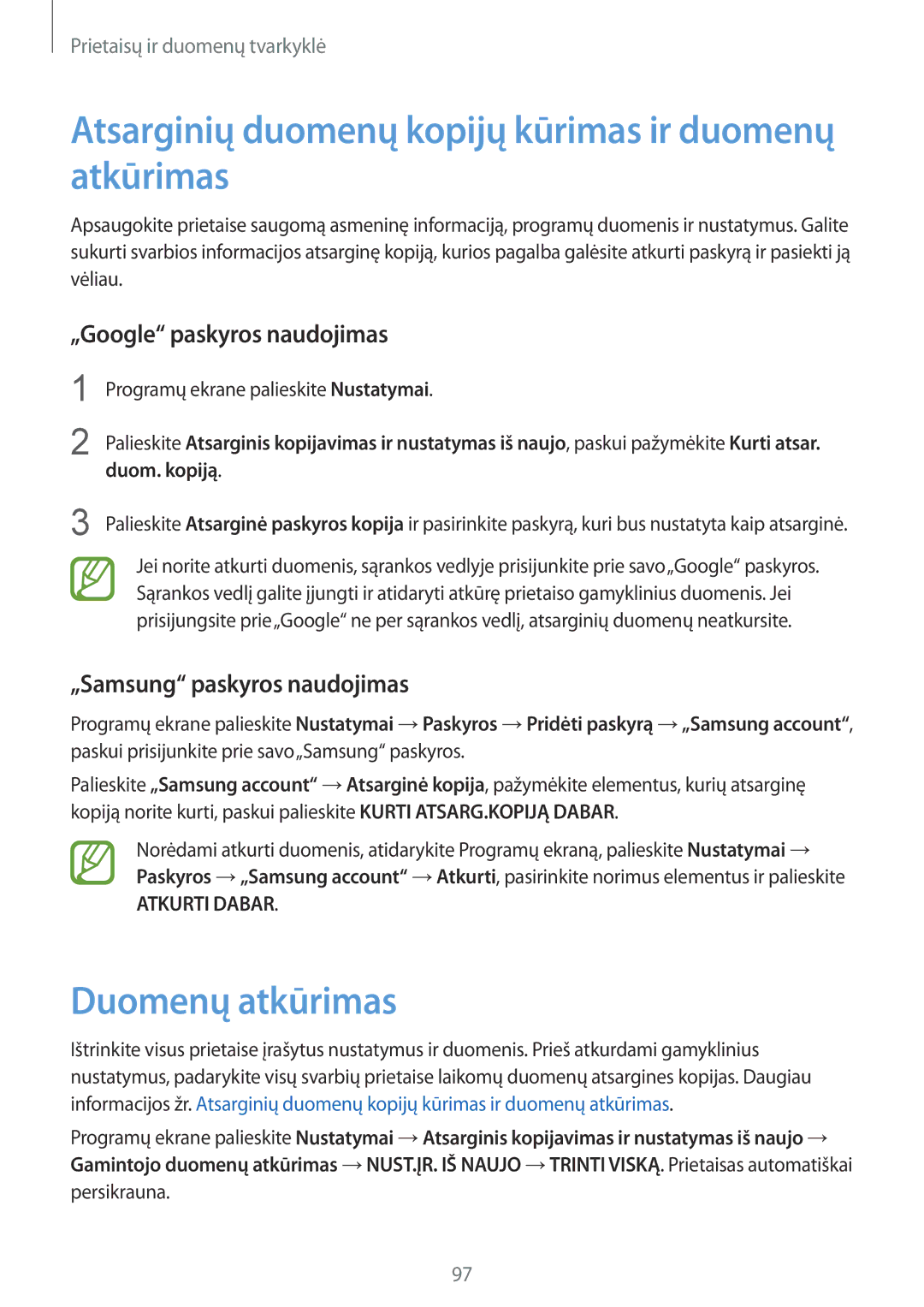 Samsung SM-A300FZWDROM manual Atsarginių duomenų kopijų kūrimas ir duomenų atkūrimas, Duomenų atkūrimas, Duom. kopiją 