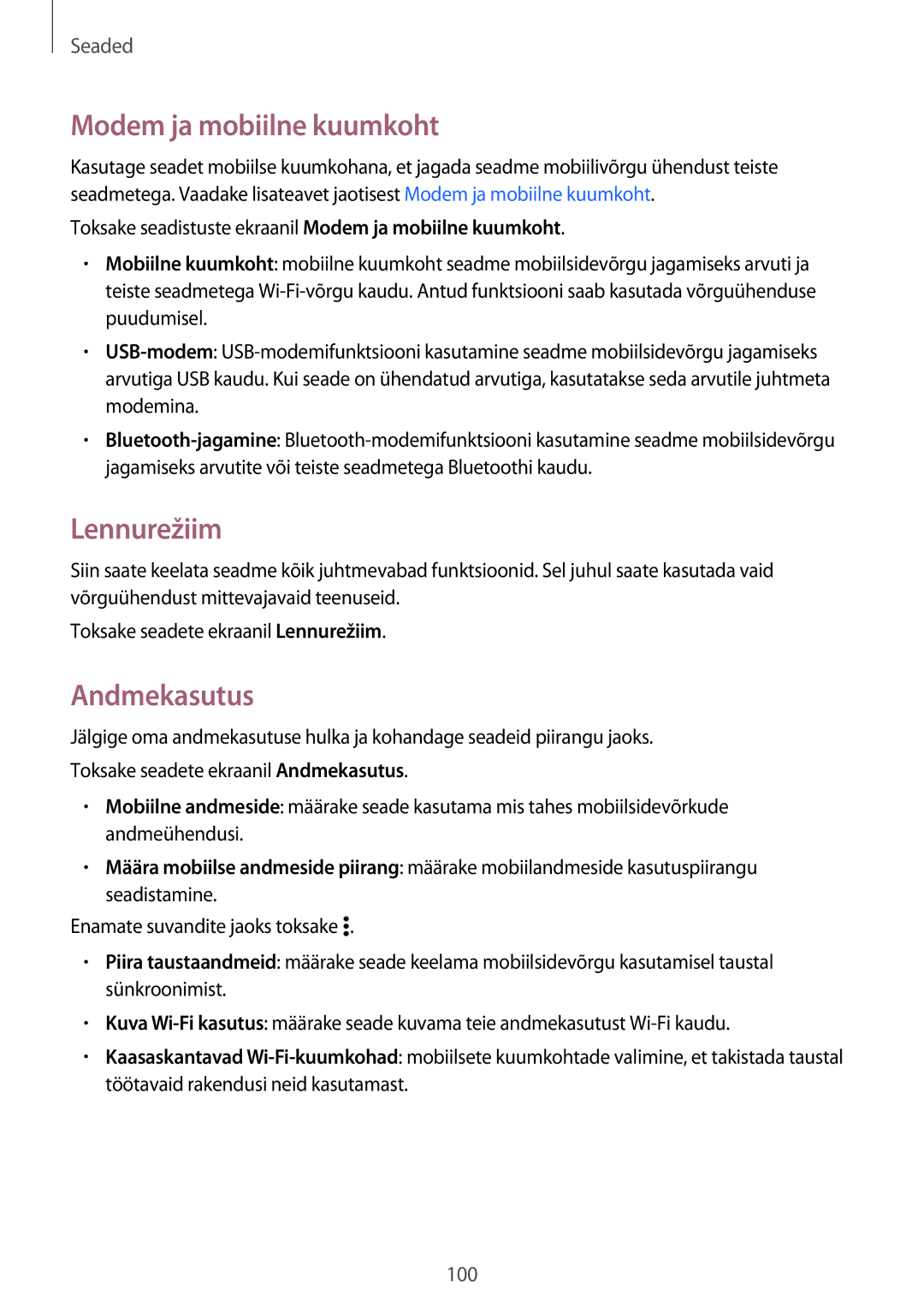 Samsung SM-A300FZWDROM, SM-A300FZKDROM, SM-A300FZDUSEB manual Modem ja mobiilne kuumkoht, Lennurežiim, Andmekasutus 