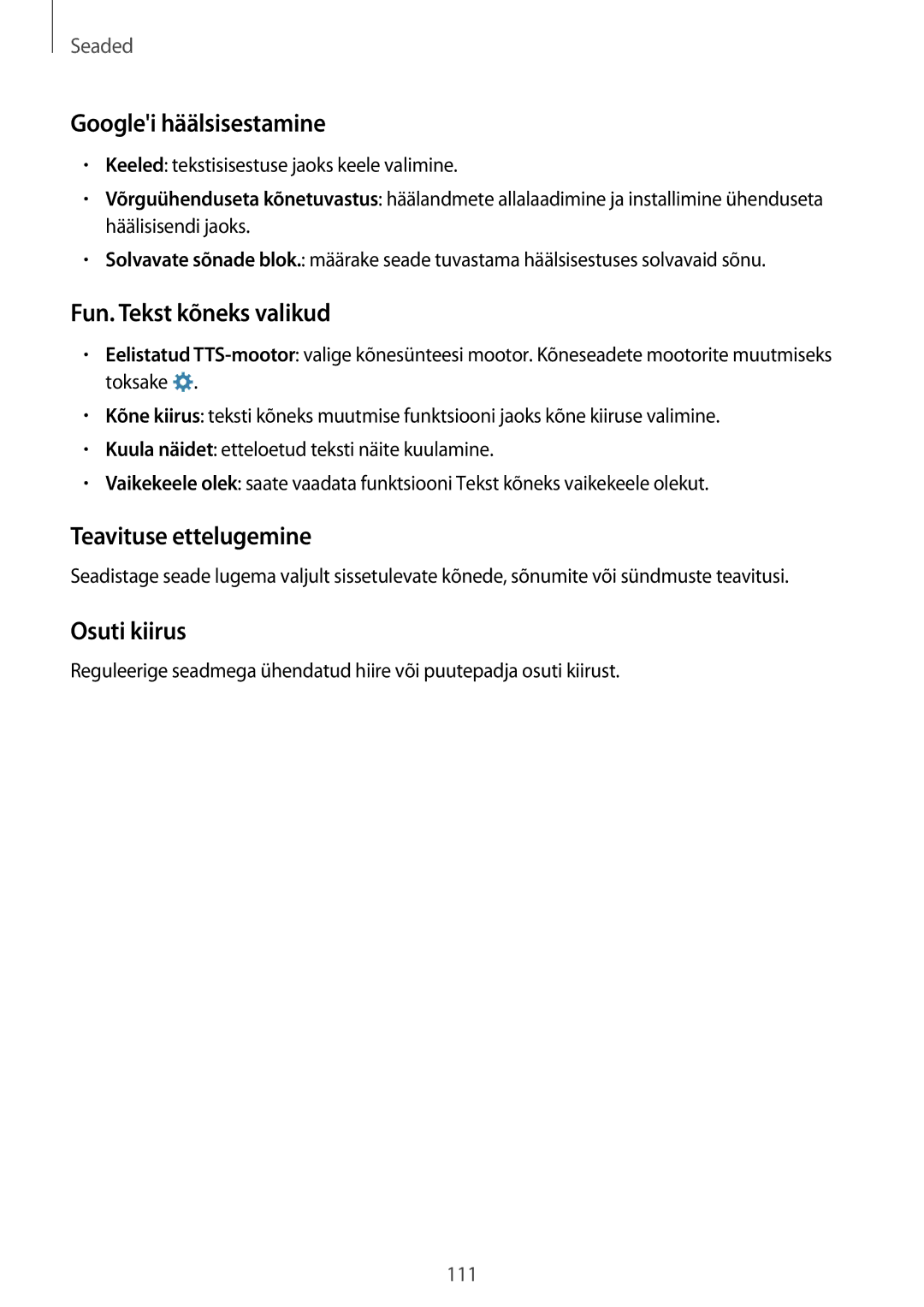 Samsung SM-A300FZKDROM manual Googlei häälsisestamine, Fun. Tekst kõneks valikud, Teavituse ettelugemine, Osuti kiirus 