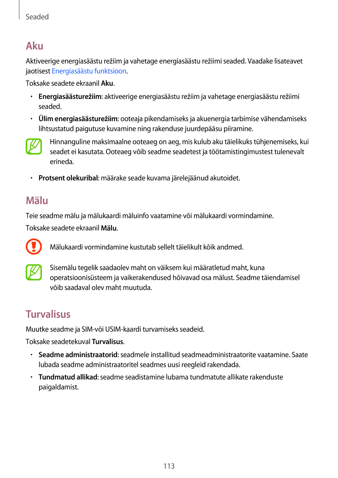 Samsung SM-A300FZDUSEB, SM-A300FZKDROM, SM-A300FZWDROM manual Aku, Mälu, Turvalisus 