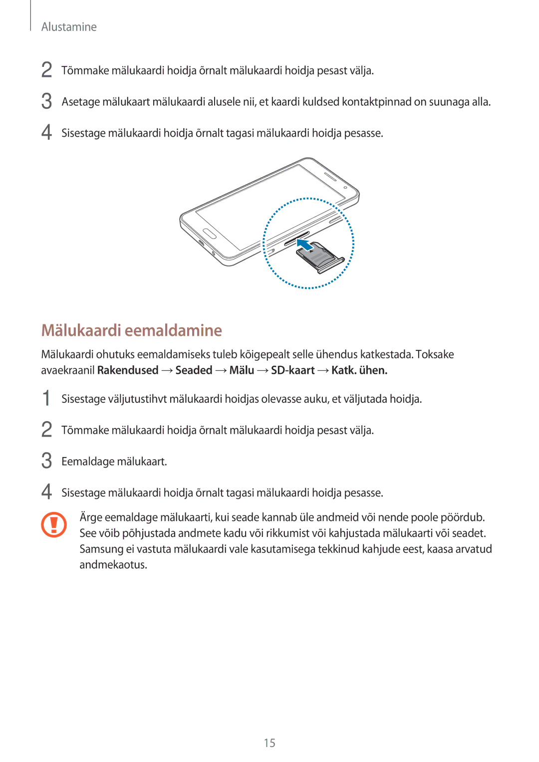 Samsung SM-A300FZKDROM, SM-A300FZWDROM, SM-A300FZDUSEB manual Mälukaardi eemaldamine 