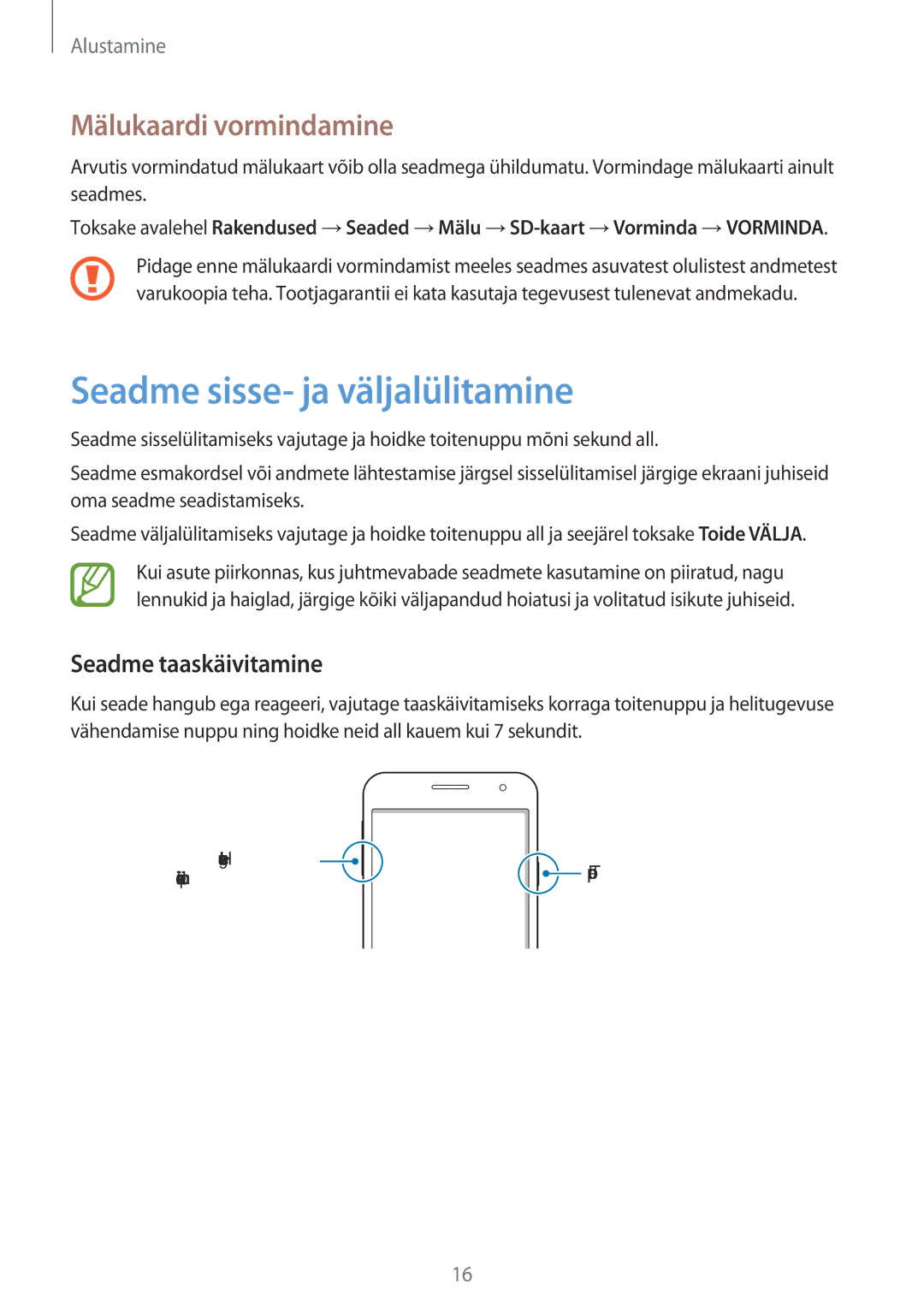 Samsung SM-A300FZWDROM, SM-A300FZKDROM Seadme sisse- ja väljalülitamine, Mälukaardi vormindamine, Seadme taaskäivitamine 