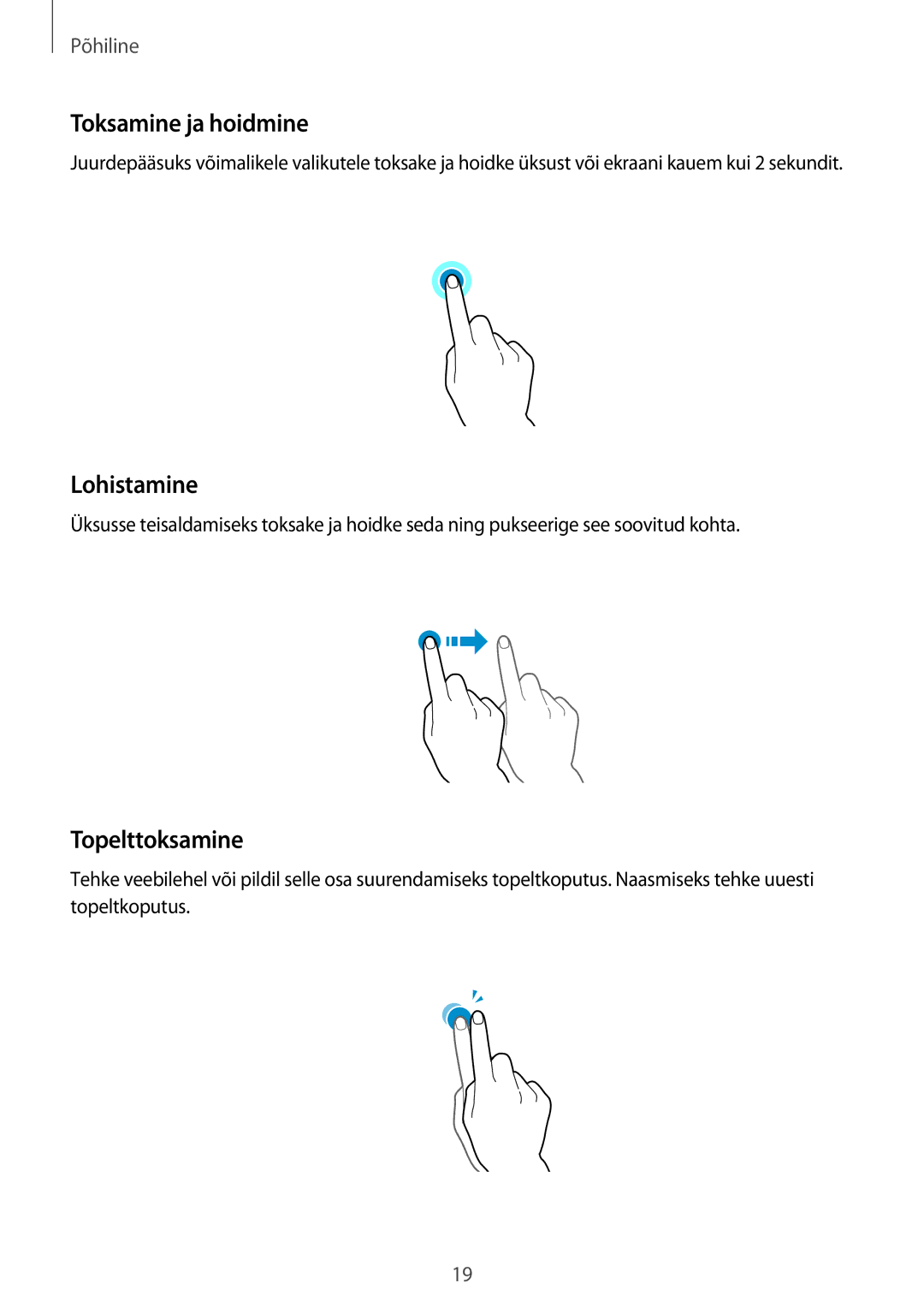 Samsung SM-A300FZWDROM, SM-A300FZKDROM, SM-A300FZDUSEB manual Toksamine ja hoidmine, Lohistamine, Topelttoksamine 