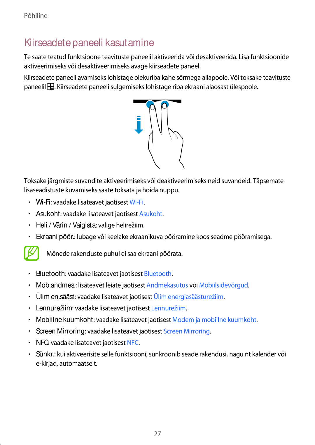 Samsung SM-A300FZKDROM, SM-A300FZWDROM, SM-A300FZDUSEB manual Kiirseadete paneeli kasutamine 