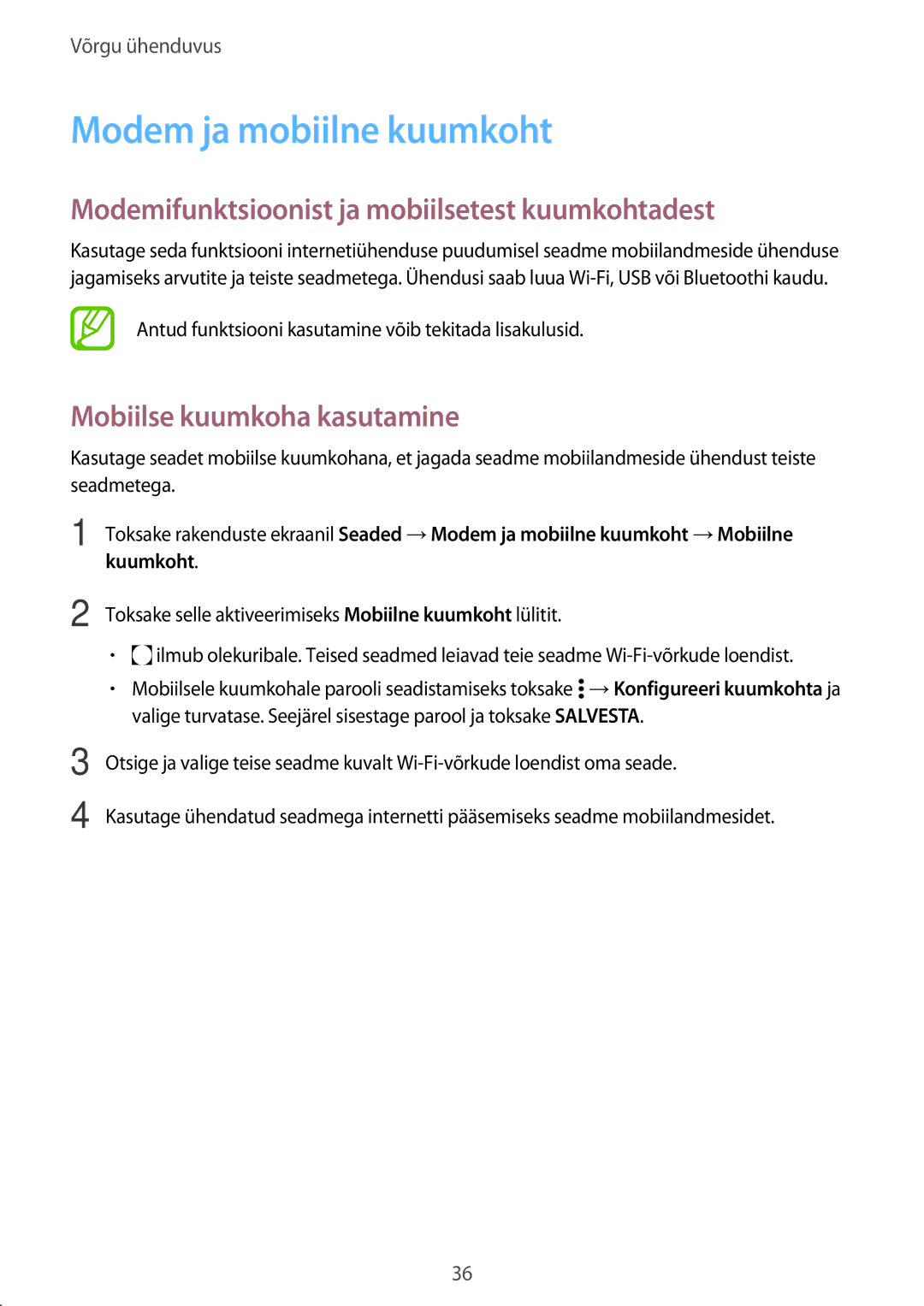 Samsung SM-A300FZKDROM, SM-A300FZWDROM manual Modem ja mobiilne kuumkoht, Modemifunktsioonist ja mobiilsetest kuumkohtadest 