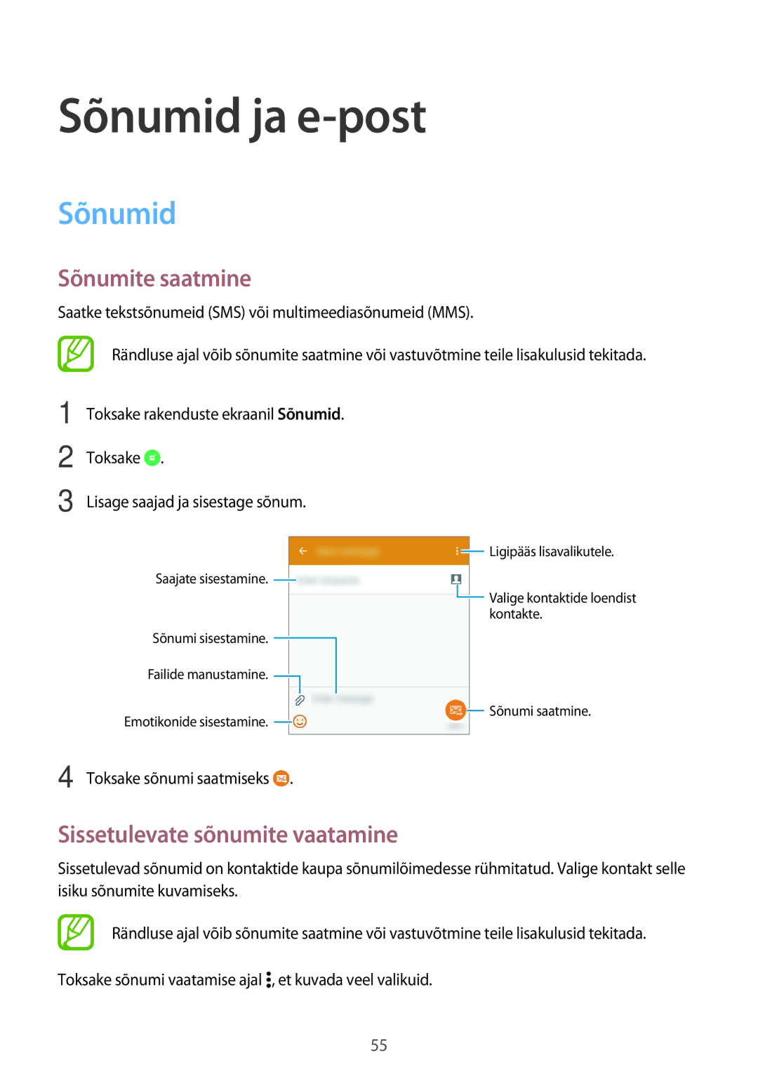 Samsung SM-A300FZWDROM, SM-A300FZKDROM manual Sõnumid ja e-post, Sõnumite saatmine, Sissetulevate sõnumite vaatamine 