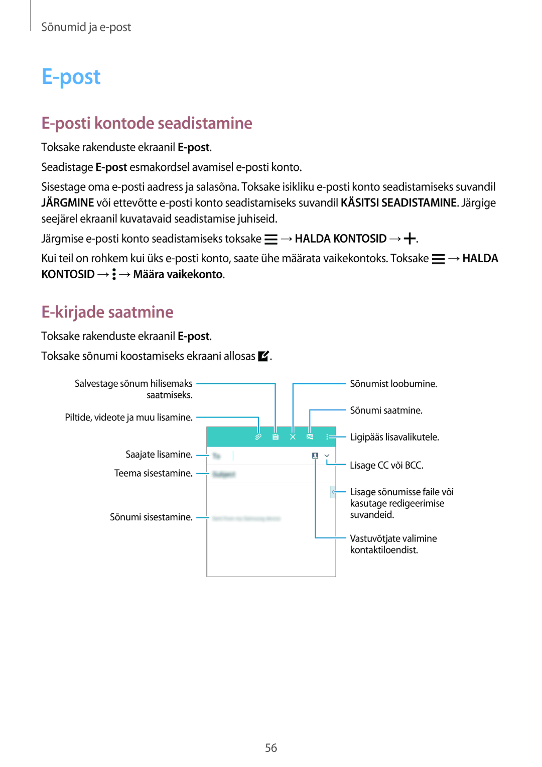 Samsung SM-A300FZDUSEB, SM-A300FZKDROM, SM-A300FZWDROM manual Posti kontode seadistamine, Kirjade saatmine 