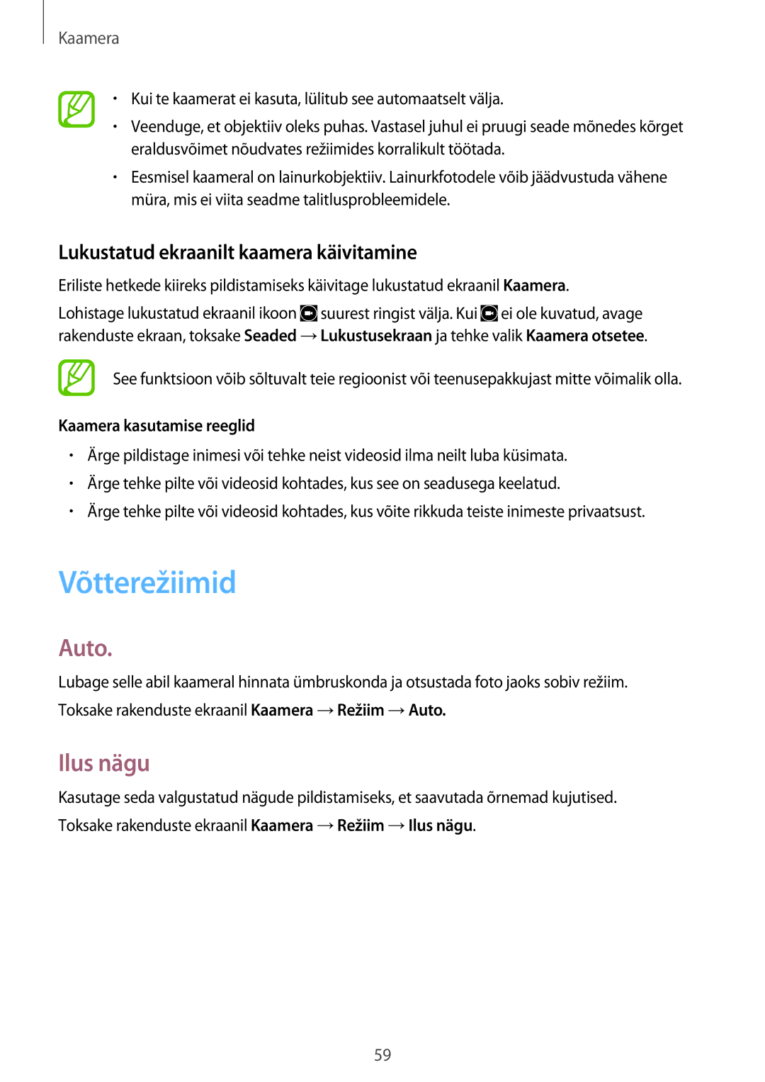 Samsung SM-A300FZDUSEB, SM-A300FZKDROM manual Võtterežiimid, Auto, Ilus nägu, Lukustatud ekraanilt kaamera käivitamine 