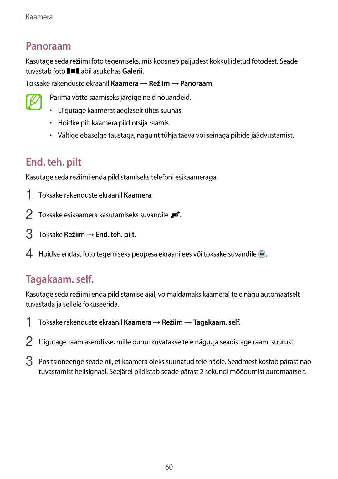 Samsung SM-A300FZKDROM, SM-A300FZWDROM, SM-A300FZDUSEB manual Panoraam, Tagakaam. self, Toksake Režiim →End. teh. pilt 