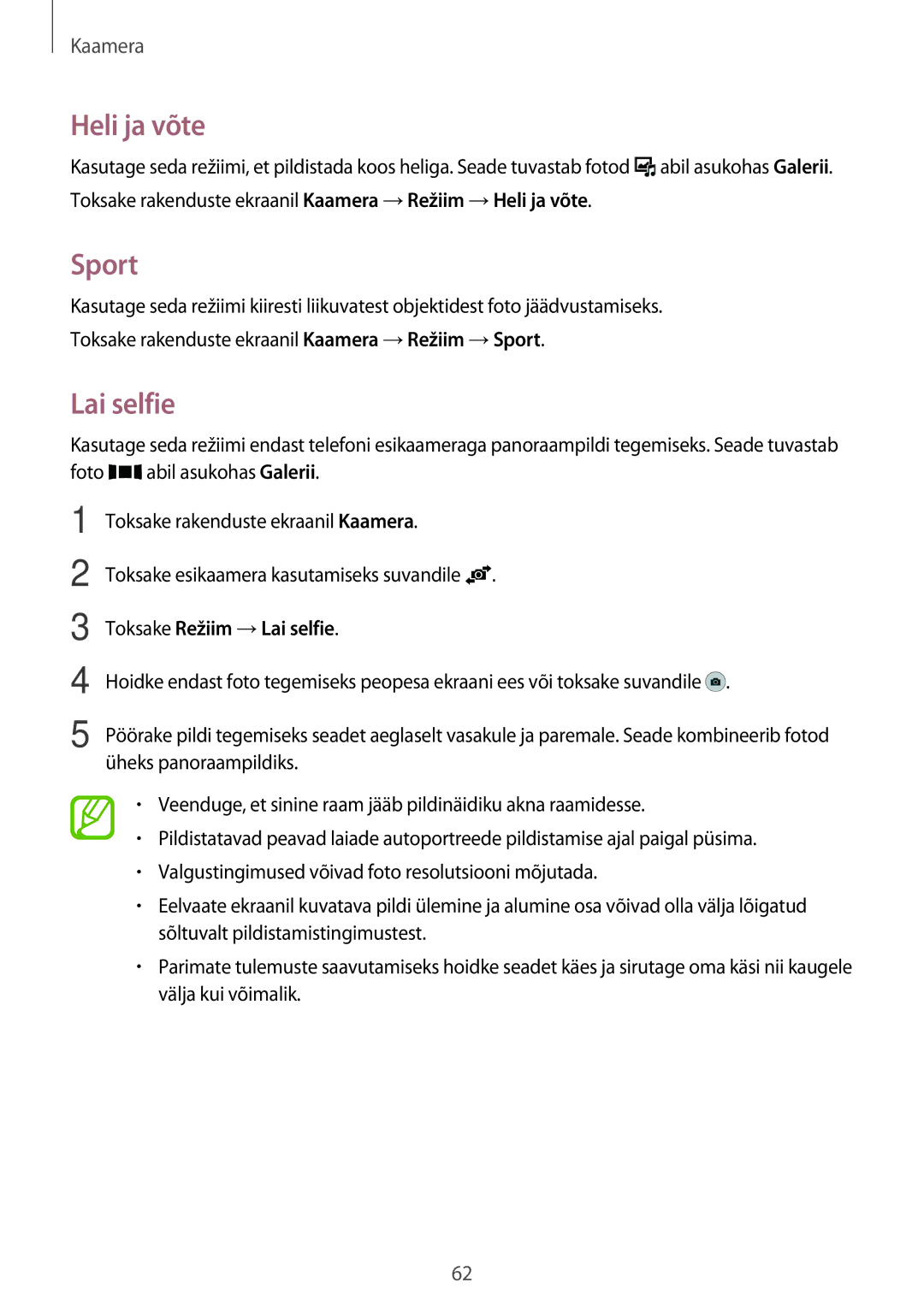 Samsung SM-A300FZDUSEB, SM-A300FZKDROM, SM-A300FZWDROM manual Heli ja võte, Sport, Toksake Režiim →Lai selfie 