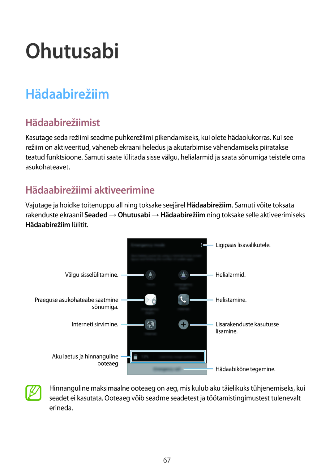 Samsung SM-A300FZWDROM, SM-A300FZKDROM, SM-A300FZDUSEB manual Ohutusabi, Hädaabirežiimist, Hädaabirežiimi aktiveerimine 