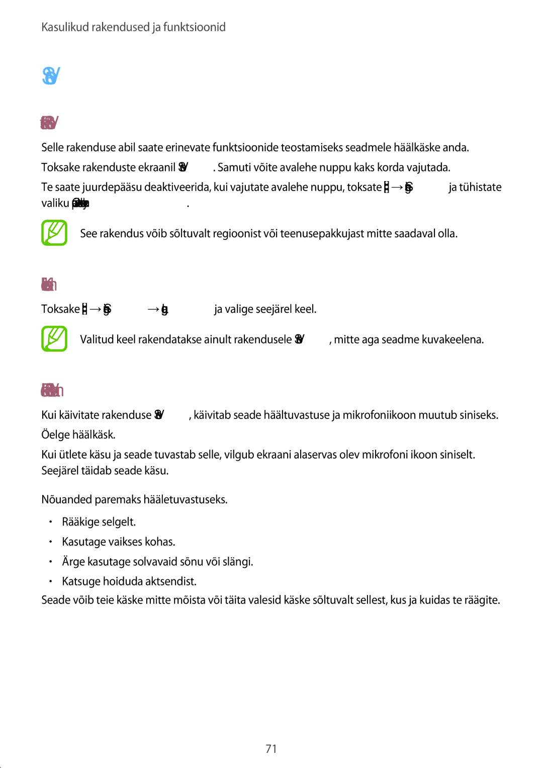 Samsung SM-A300FZDUSEB, SM-A300FZKDROM manual Rakendusest S Voice, Keele seadistamine, Rakenduse S Voice kasutamine 