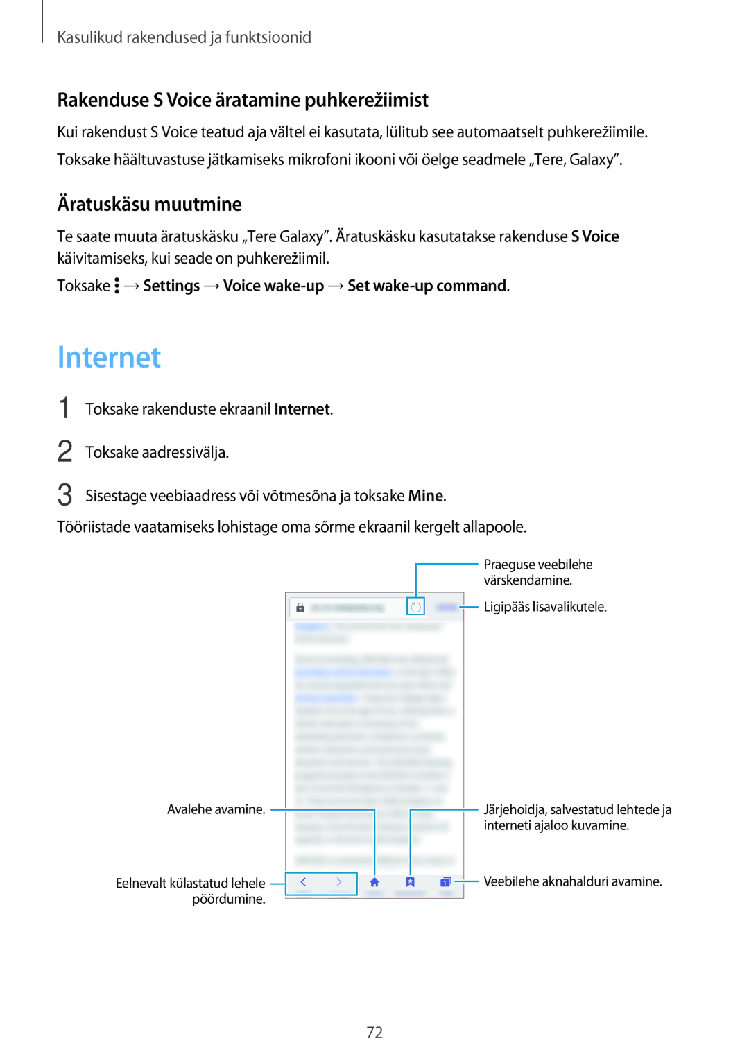 Samsung SM-A300FZKDROM, SM-A300FZWDROM manual Internet, Rakenduse S Voice äratamine puhkerežiimist, Äratuskäsu muutmine 