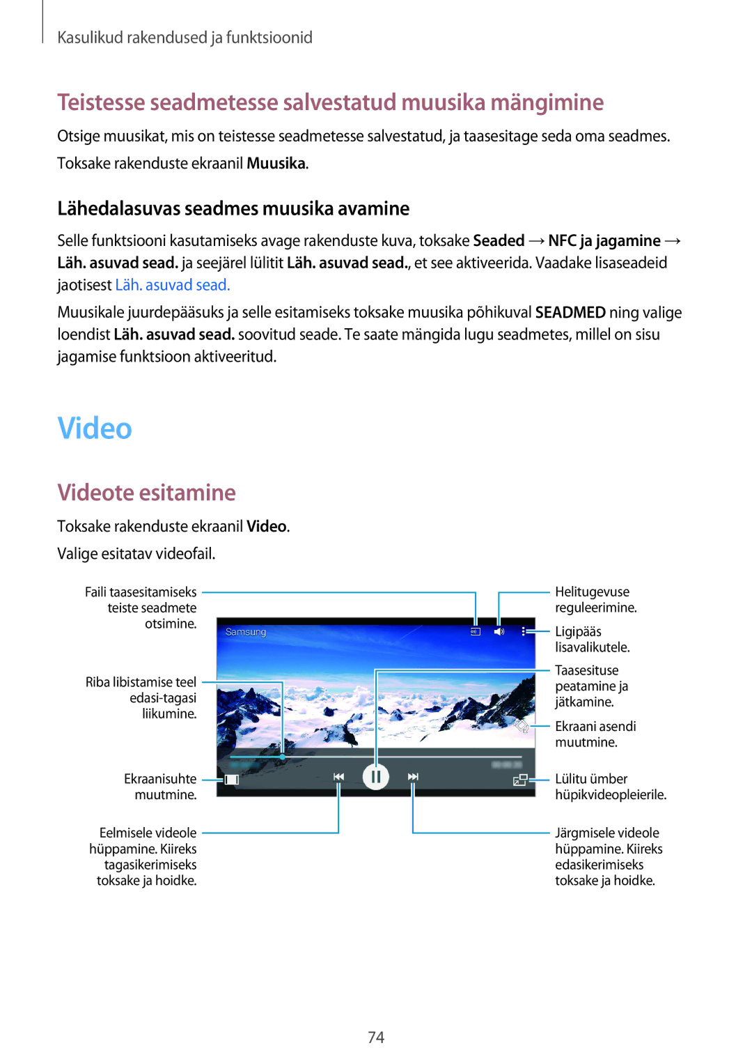 Samsung SM-A300FZDUSEB, SM-A300FZKDROM manual Teistesse seadmetesse salvestatud muusika mängimine, Videote esitamine 