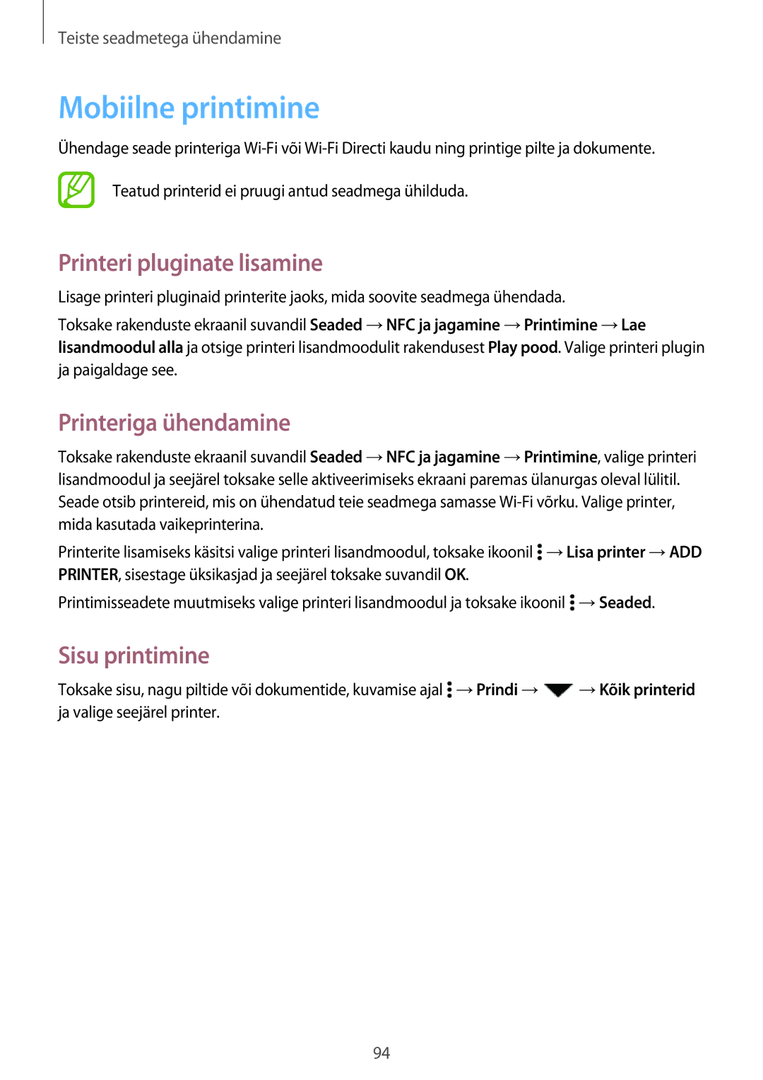 Samsung SM-A300FZWDROM manual Mobiilne printimine, Printeri pluginate lisamine, Printeriga ühendamine, Sisu printimine 