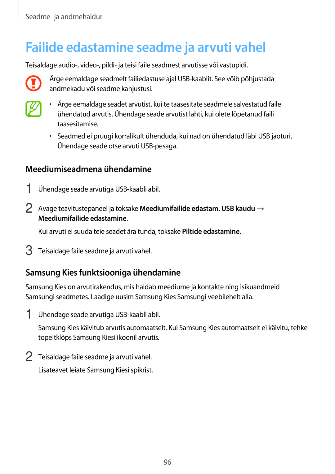 Samsung SM-A300FZKDROM, SM-A300FZWDROM manual Failide edastamine seadme ja arvuti vahel, Meediumiseadmena ühendamine 