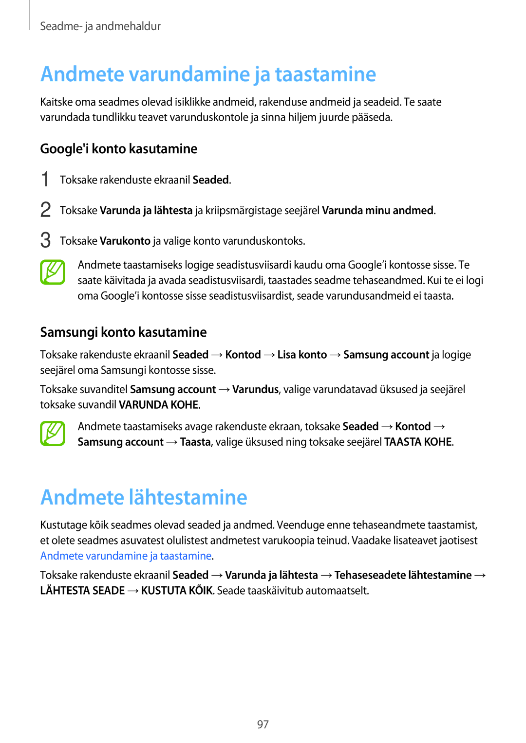 Samsung SM-A300FZWDROM, SM-A300FZKDROM Andmete varundamine ja taastamine, Andmete lähtestamine, Googlei konto kasutamine 