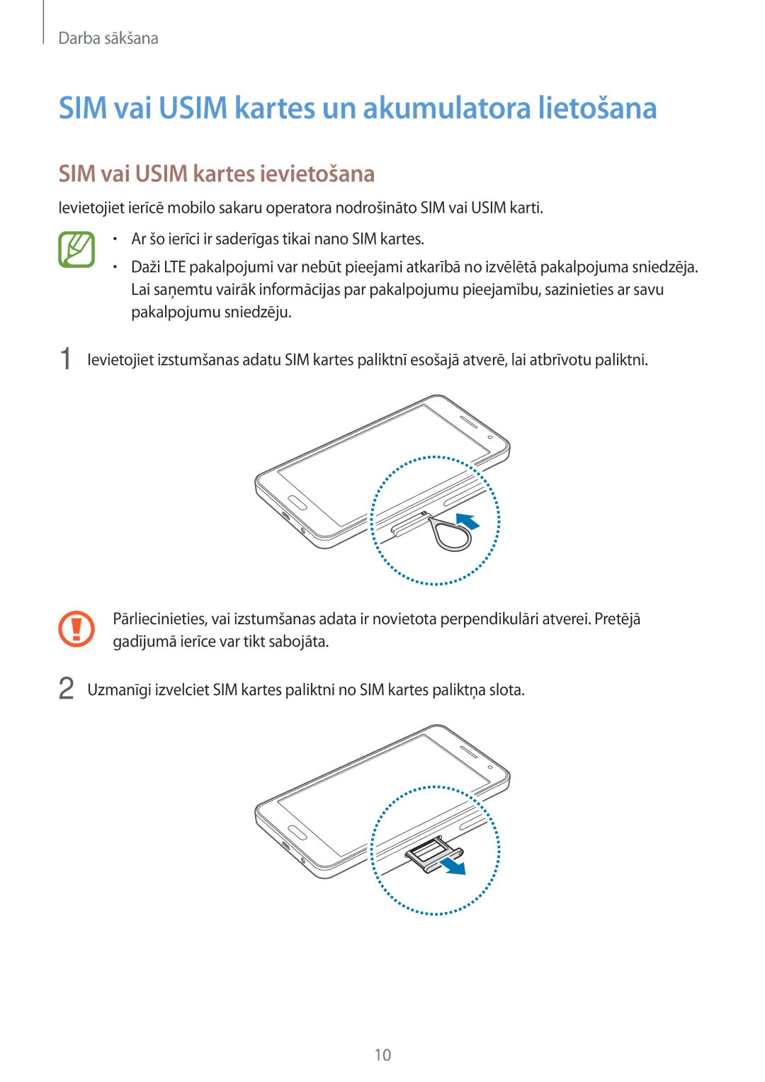 Samsung SM-A300FZWDROM, SM-A300FZKDROM manual SIM vai Usim kartes un akumulatora lietošana, SIM vai Usim kartes ievietošana 