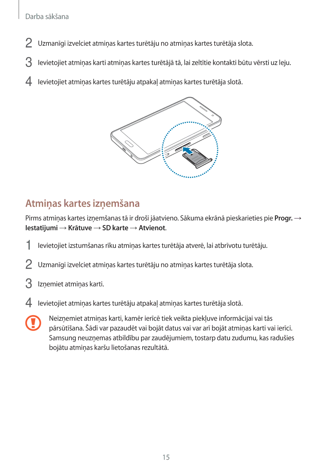 Samsung SM-A300FZKDROM, SM-A300FZWDROM, SM-A300FZDUSEB manual Atmiņas kartes izņemšana 