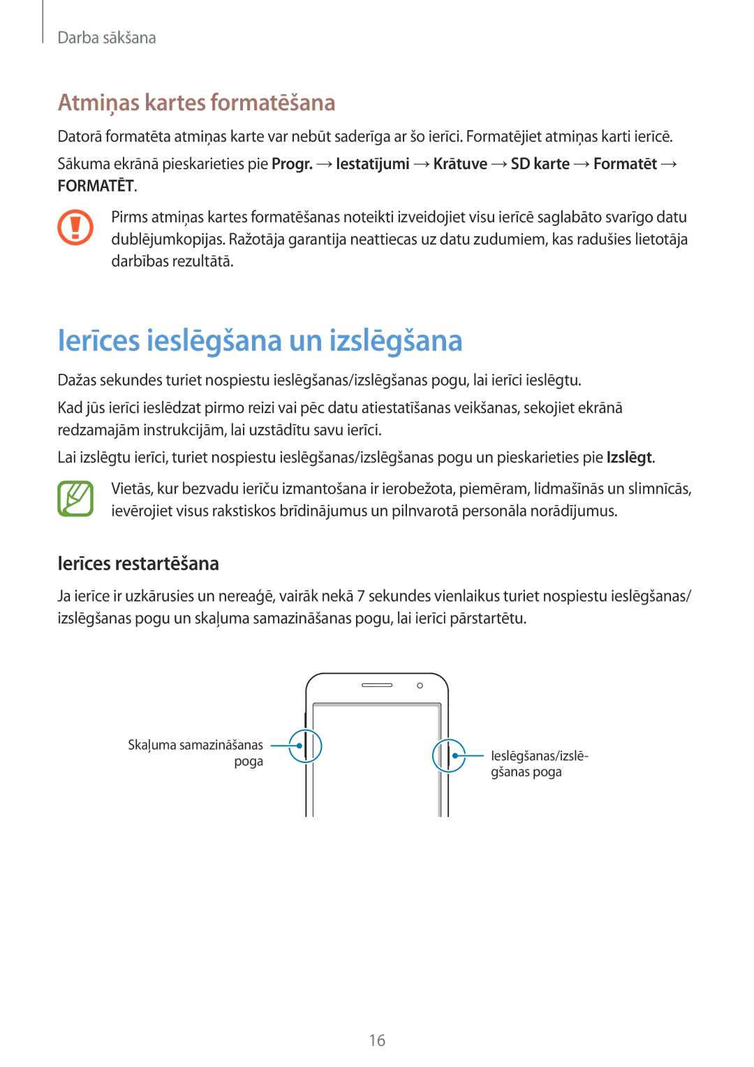 Samsung SM-A300FZWDROM, SM-A300FZKDROM Ierīces ieslēgšana un izslēgšana, Atmiņas kartes formatēšana, Ierīces restartēšana 