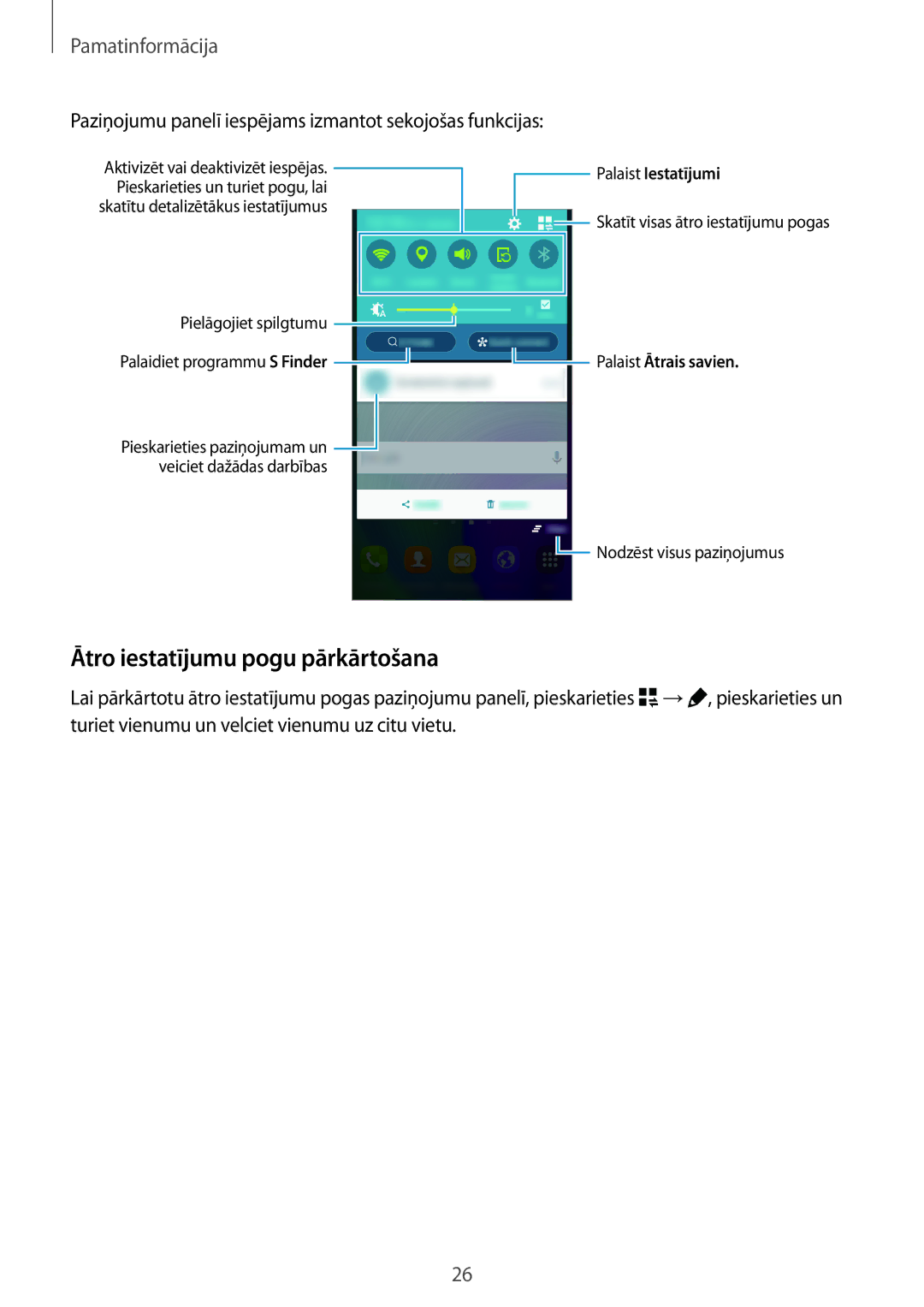 Samsung SM-A300FZDUSEB manual Ātro iestatījumu pogu pārkārtošana, Paziņojumu panelī iespējams izmantot sekojošas funkcijas 