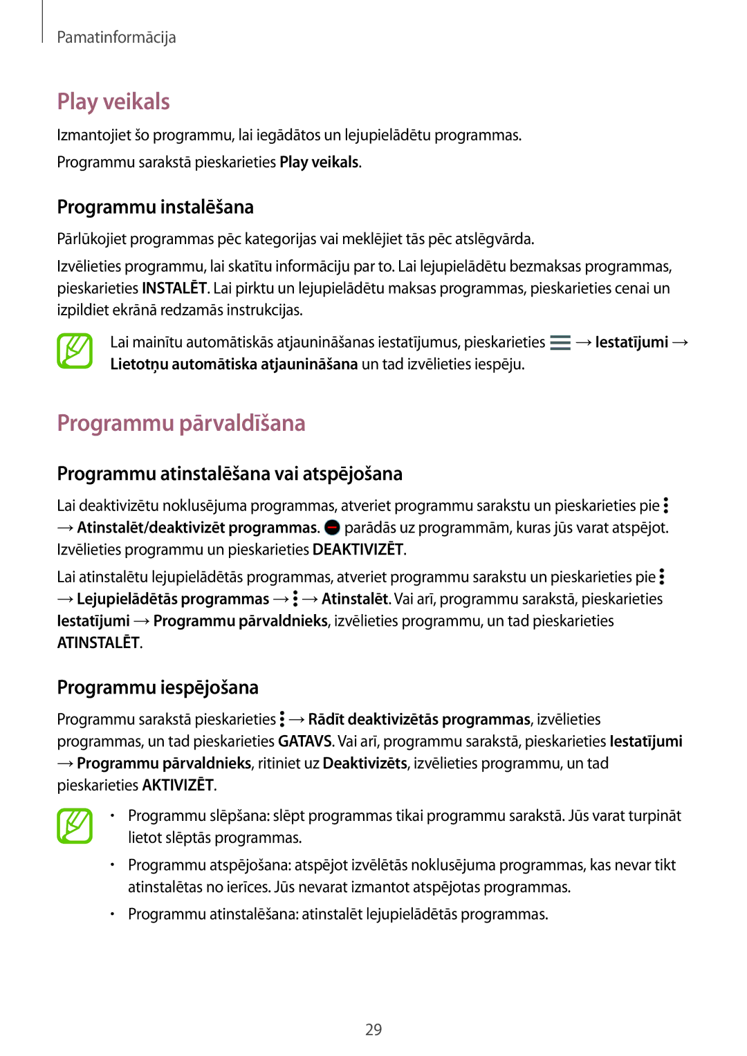 Samsung SM-A300FZDUSEB, SM-A300FZKDROM manual Play veikals, Programmu pārvaldīšana, Programmu atinstalēšana vai atspējošana 