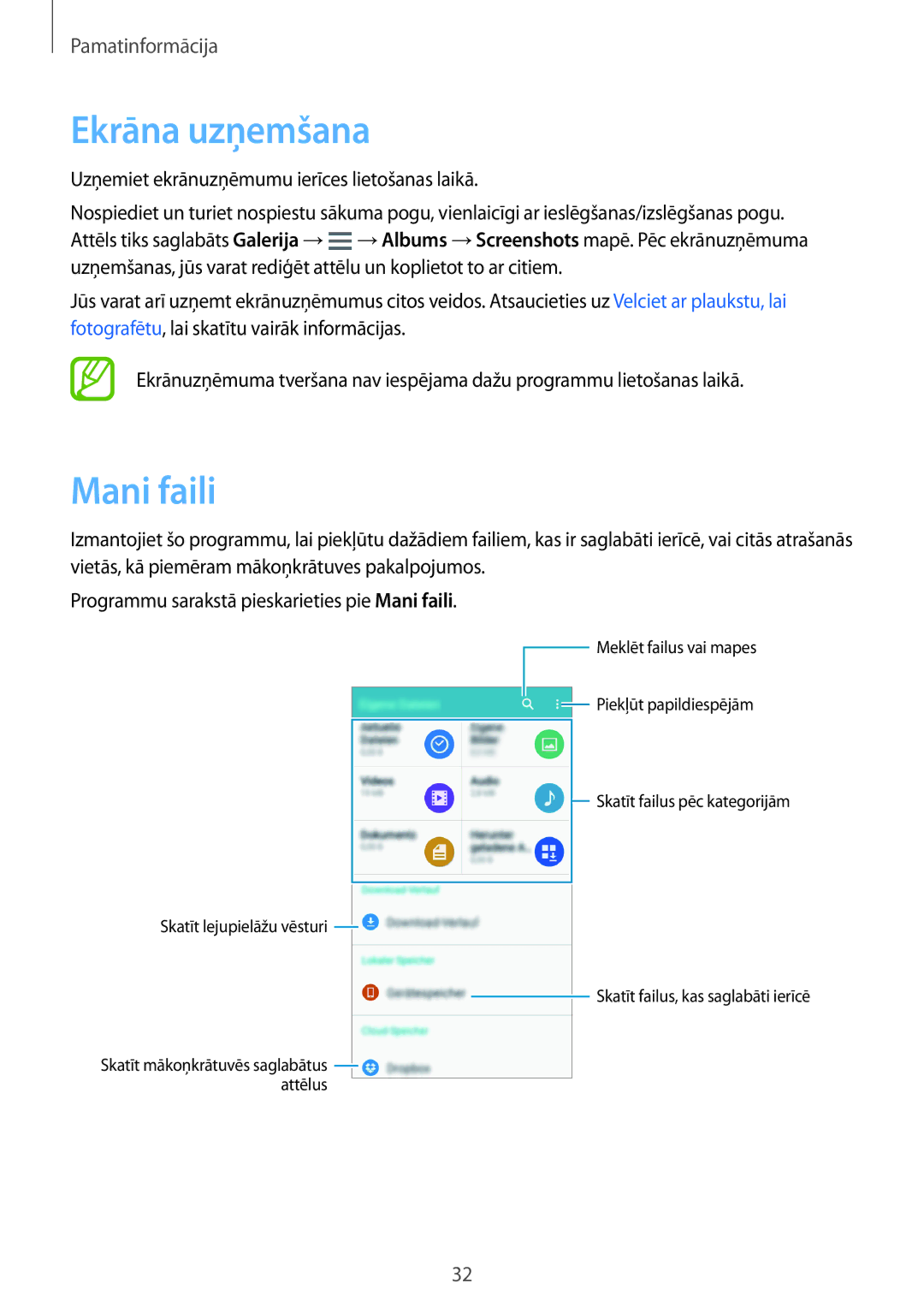 Samsung SM-A300FZDUSEB, SM-A300FZKDROM, SM-A300FZWDROM manual Ekrāna uzņemšana, Mani faili 