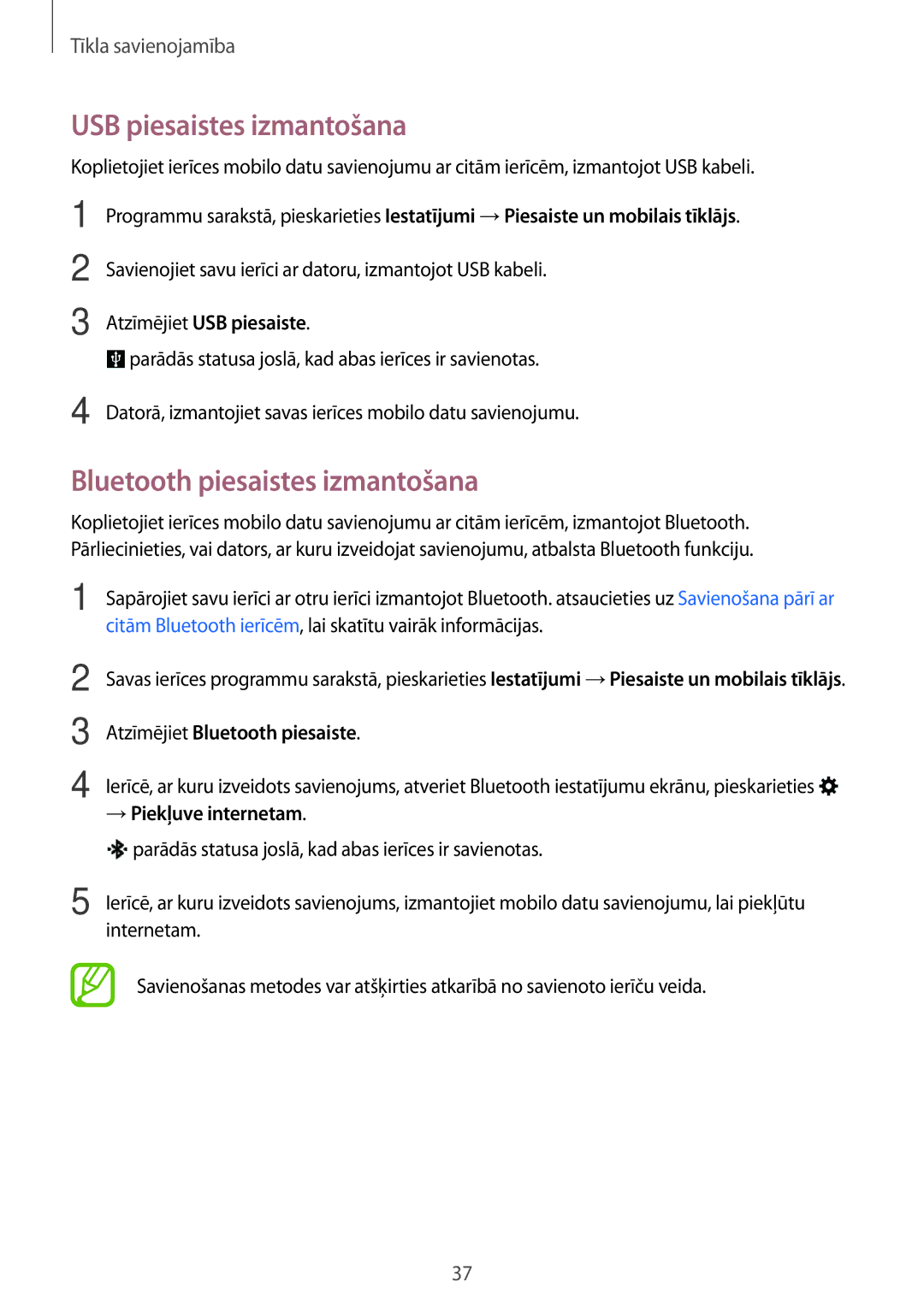 Samsung SM-A300FZWDROM, SM-A300FZKDROM, SM-A300FZDUSEB manual USB piesaistes izmantošana, Bluetooth piesaistes izmantošana 