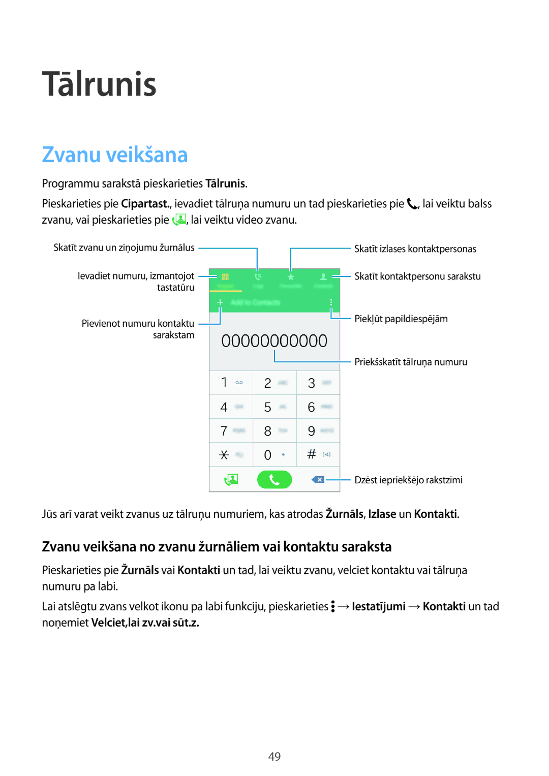 Samsung SM-A300FZWDROM, SM-A300FZKDROM manual Tālrunis, Zvanu veikšana no zvanu žurnāliem vai kontaktu saraksta 