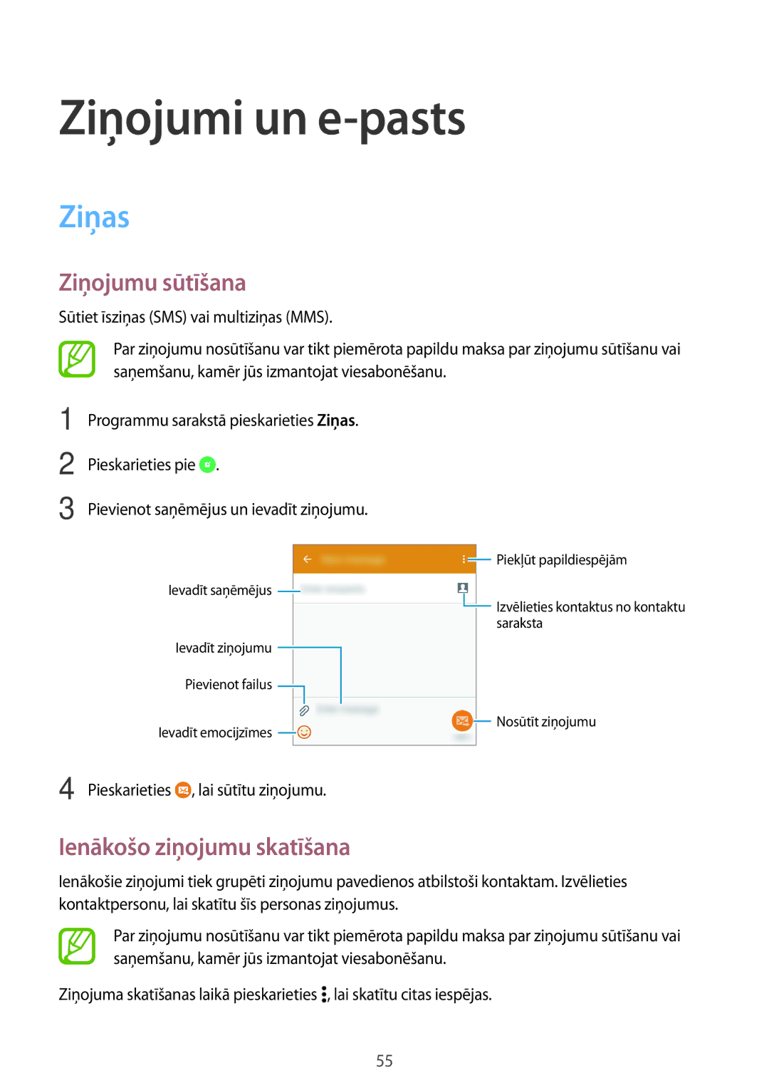 Samsung SM-A300FZWDROM, SM-A300FZKDROM manual Ziņojumi un e-pasts, Ziņas, Ziņojumu sūtīšana, Ienākošo ziņojumu skatīšana 